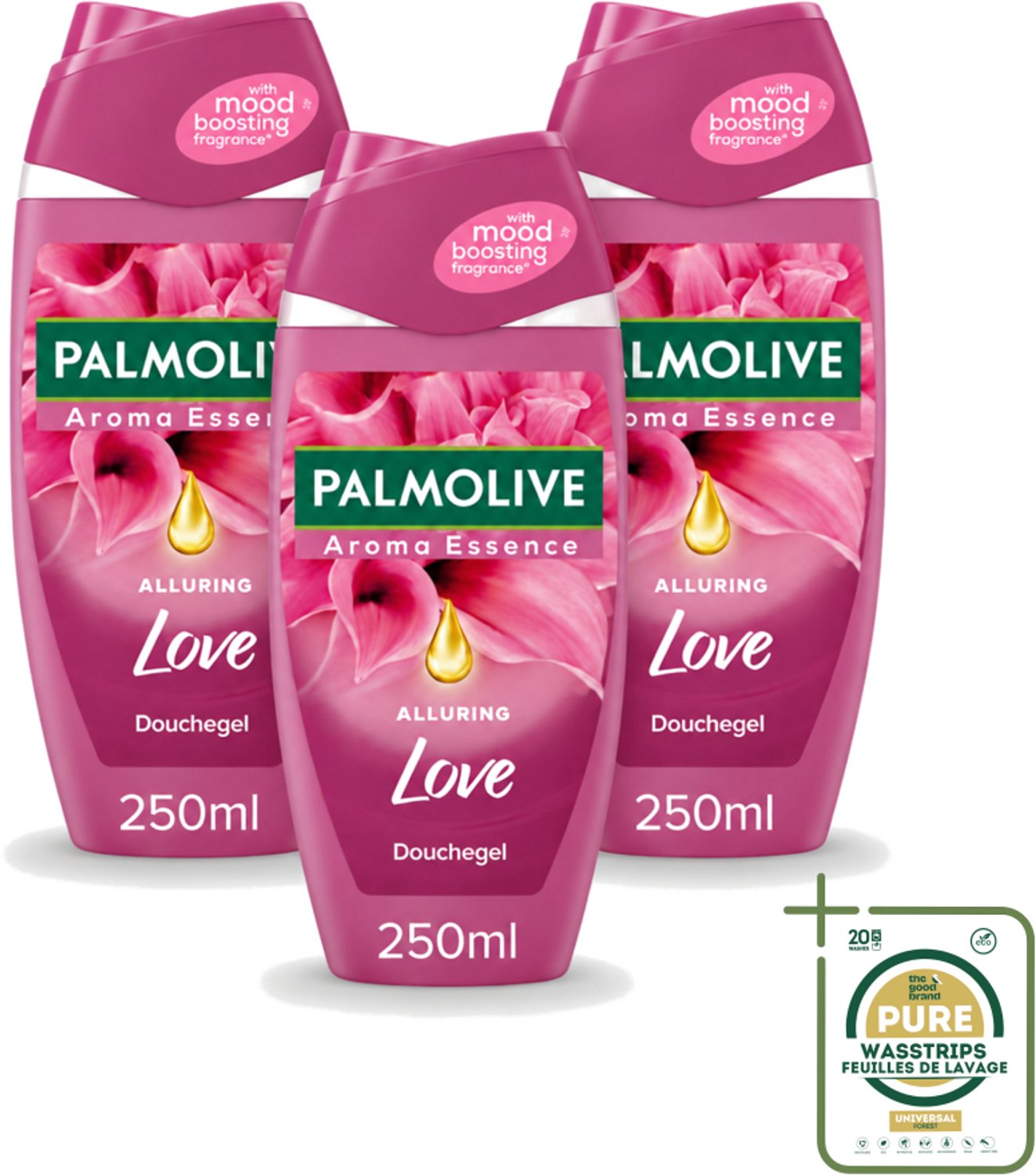 3 x Palmolive - Douchegel - Alluring Love - Aroma Essence - 250 ml - Wasstrips - Douchegel - Geur - Hydratatie - Verzorging - Bloemige Geur
