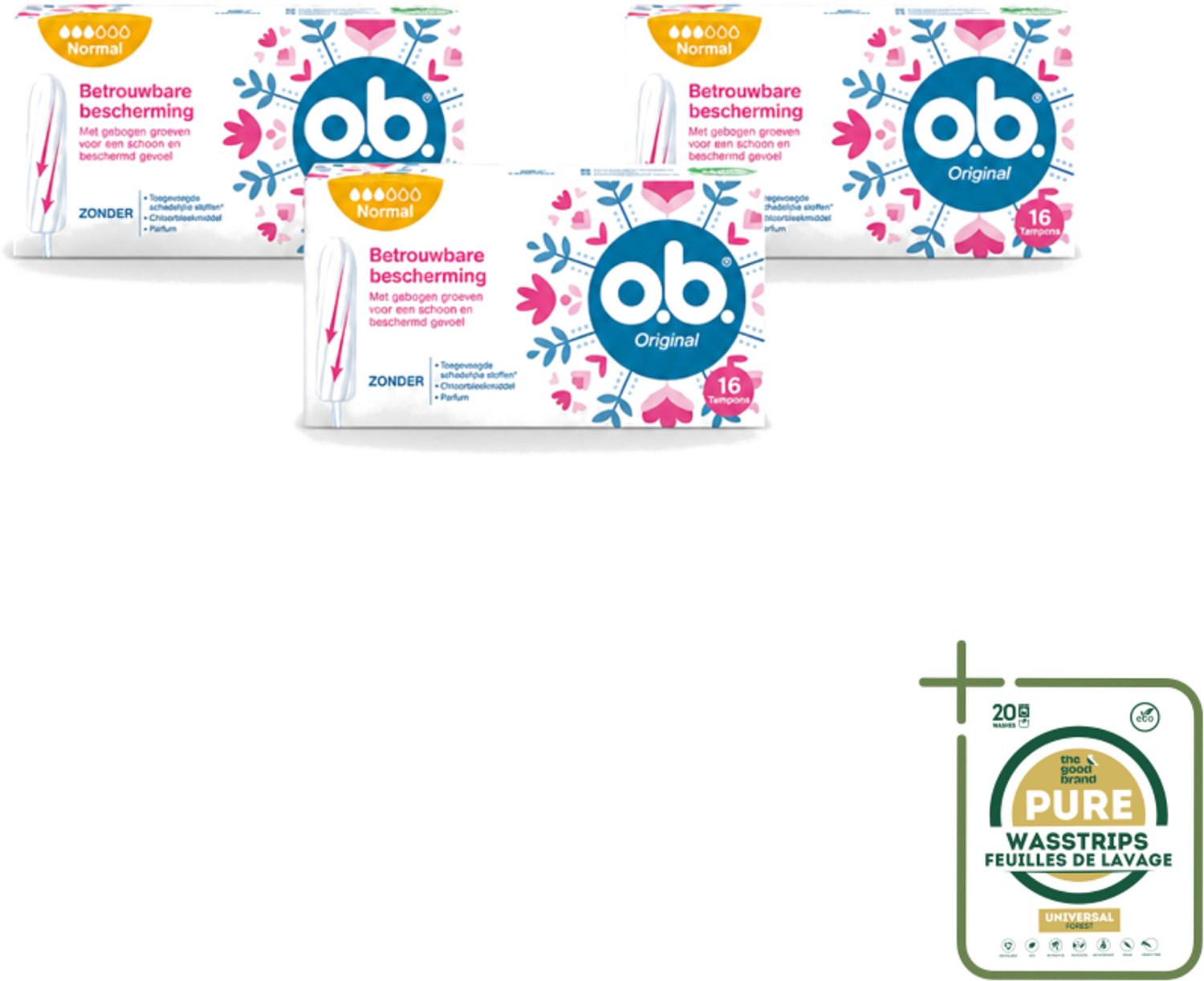 3 x o.b. Tampons - Original Normal - Voor Comfort en Betrouwbare Bescherming - 16 Tampons - Wasstrips - Tampons - Menstruatiebescherming - Plantaardige Tampons - Betrouwbare Bescherming - Comfortabel