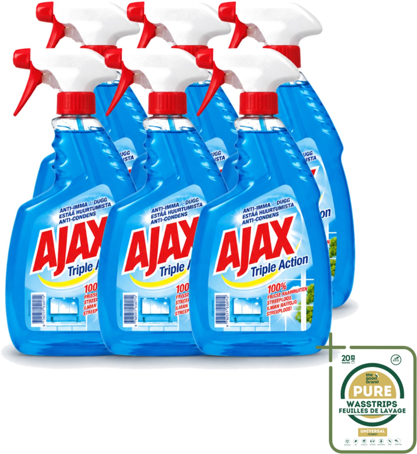 6 x Ajax - Glasreiniger Spray - Triple Action - Streeploos Schoon - Anti-Condens - 750 ml - Wasstrips - Glas Reinigen - Ramen Reinigen - Glas Reiniger - Streeploos Schoon - Anti-condens