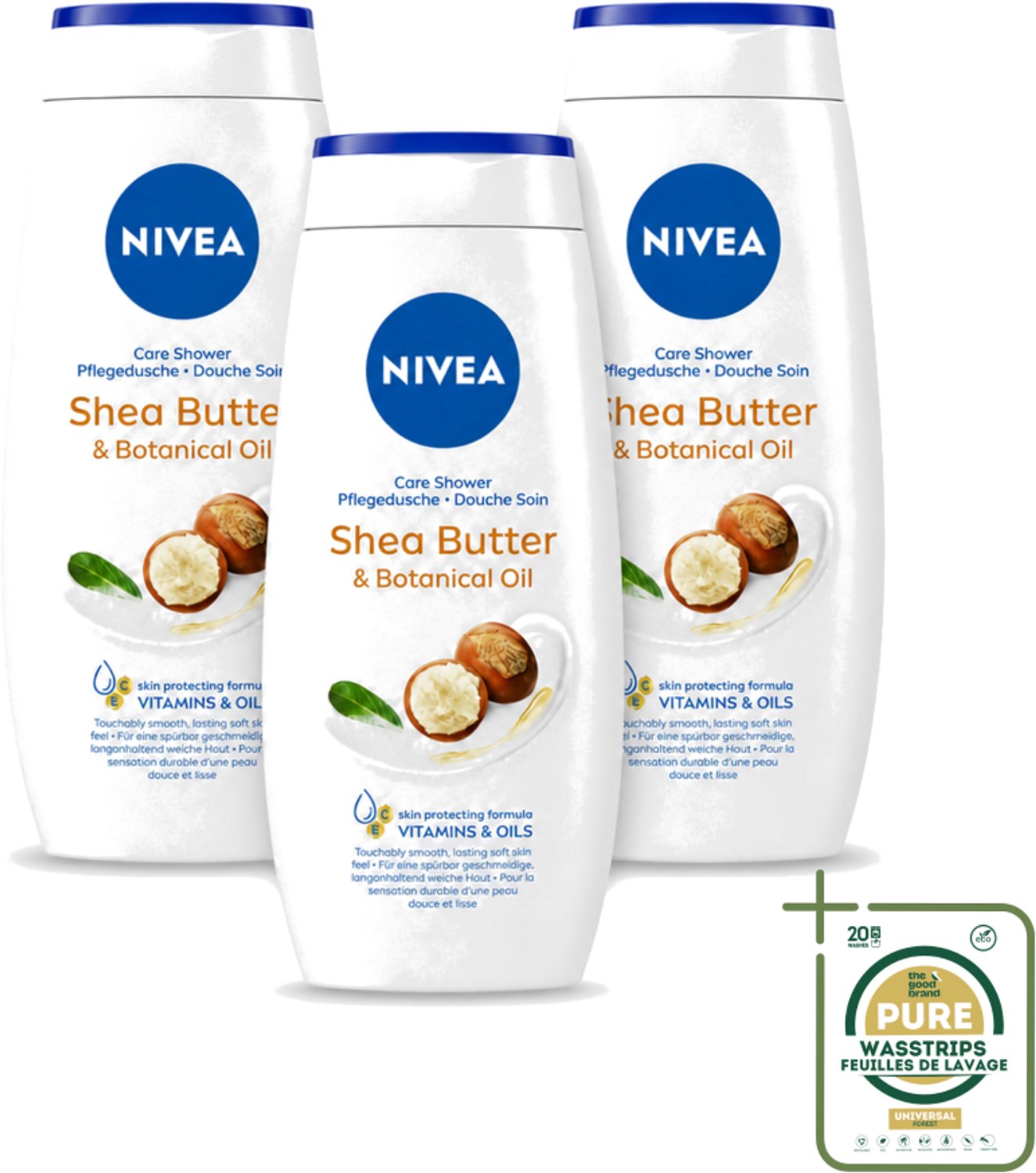 3 x Nivea - Douchegel - Shea Butter & Botanical Oil - 250 ml - Wasstrips - Douchegel - Shea Butter - Natuurlijke Olie - Huidverzorging - PH-huidneutraal