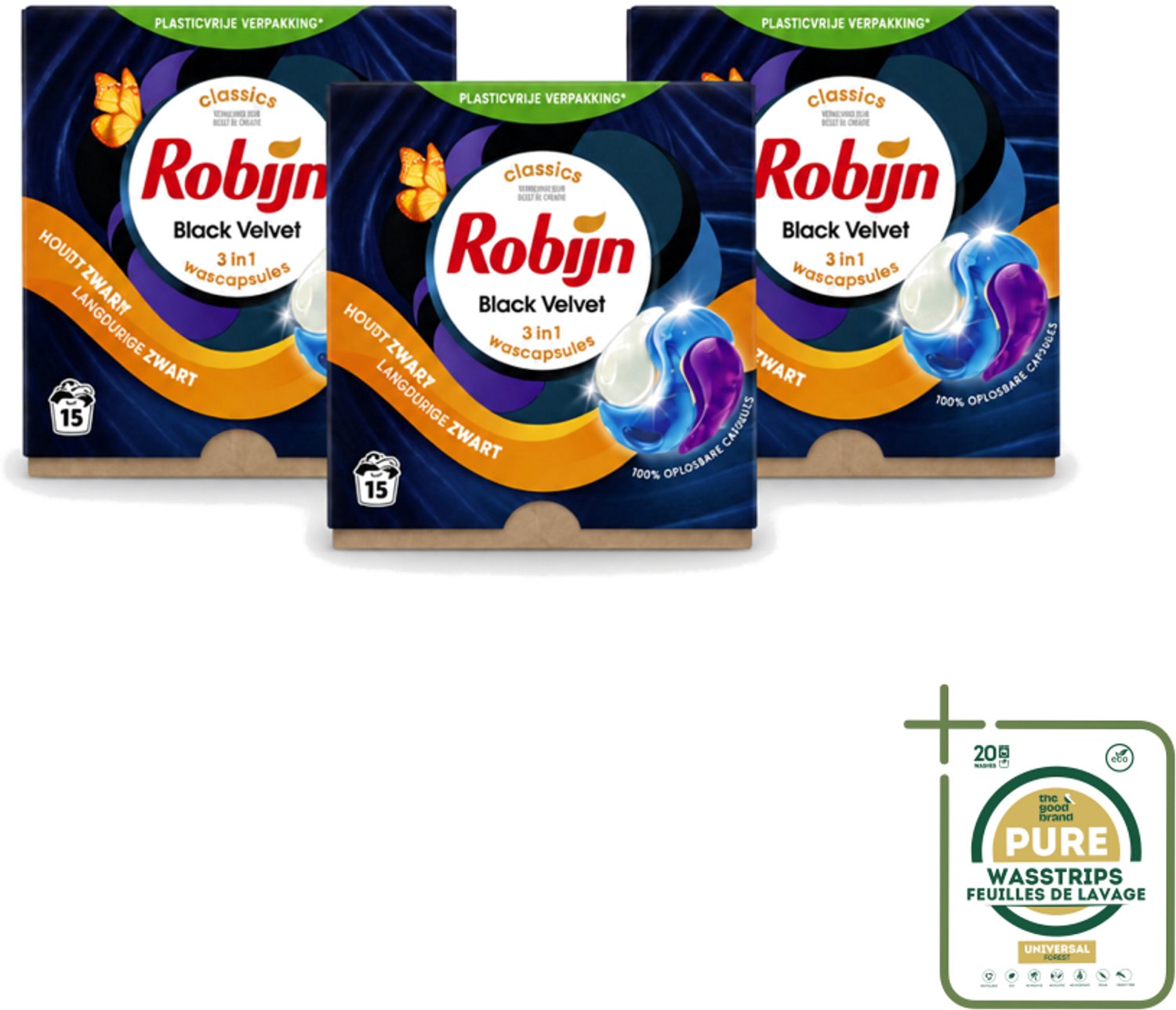 3 x Robijn – 3-in-1 Wascapsules – Black Velvet – 15 capsules - Wasstrips - Zwarte Was - Kleurbehoud - Wascapsules - Black Serum - Zwart Kleding