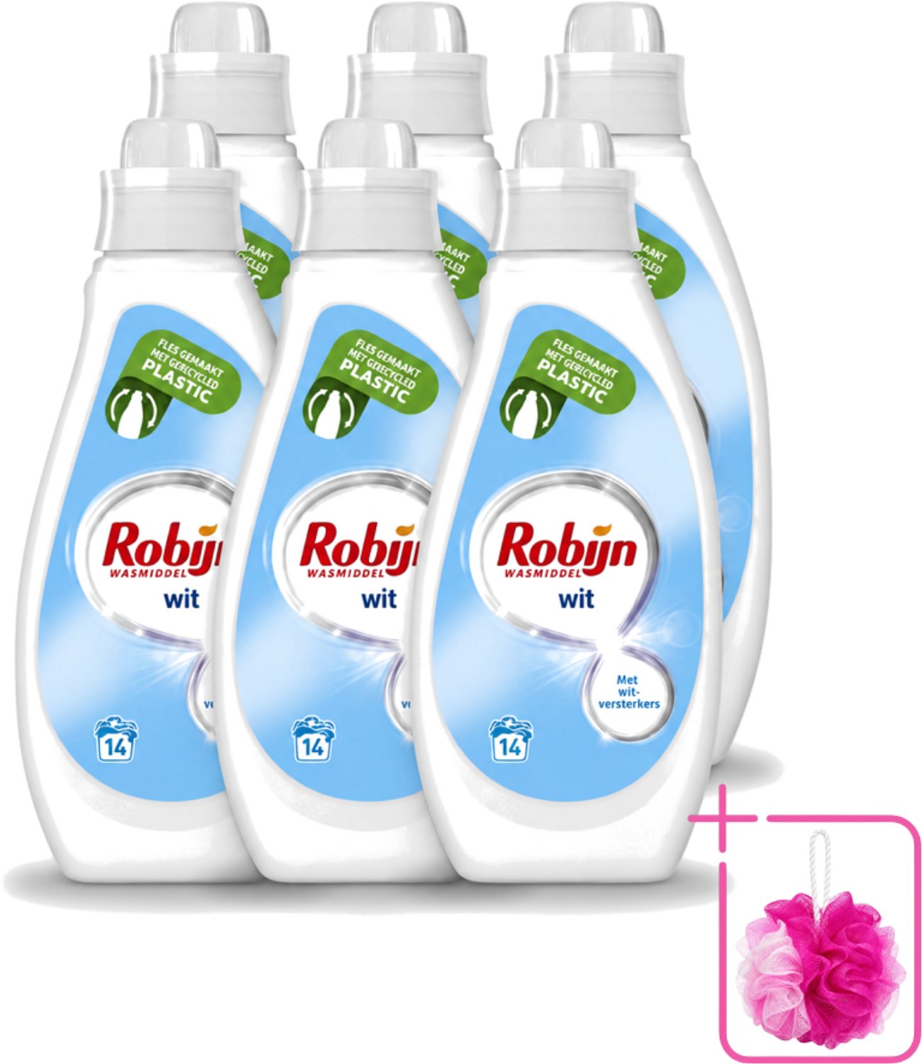 6 x Robijn - Wit - Vloeibaar Wasmiddel - Met Witversterkers - 14 Wasbeurten - 700 ml - Bulkverpakking - Wit wasmiddel - Douchemop - Stralend wit