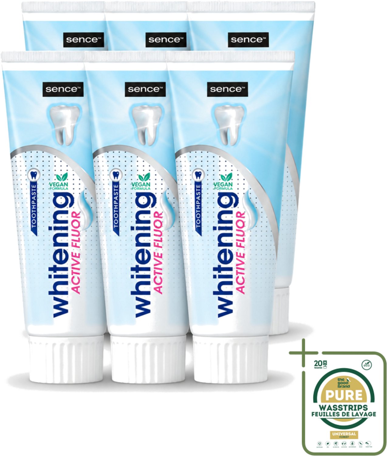 6 x Sence - Whitening - Tandpasta - Met Fluor - 75 ml - Wasstrips - Tandpasta - Witte Tanden - Fluor - Tanden Reinigen - Tanden Verzorgen