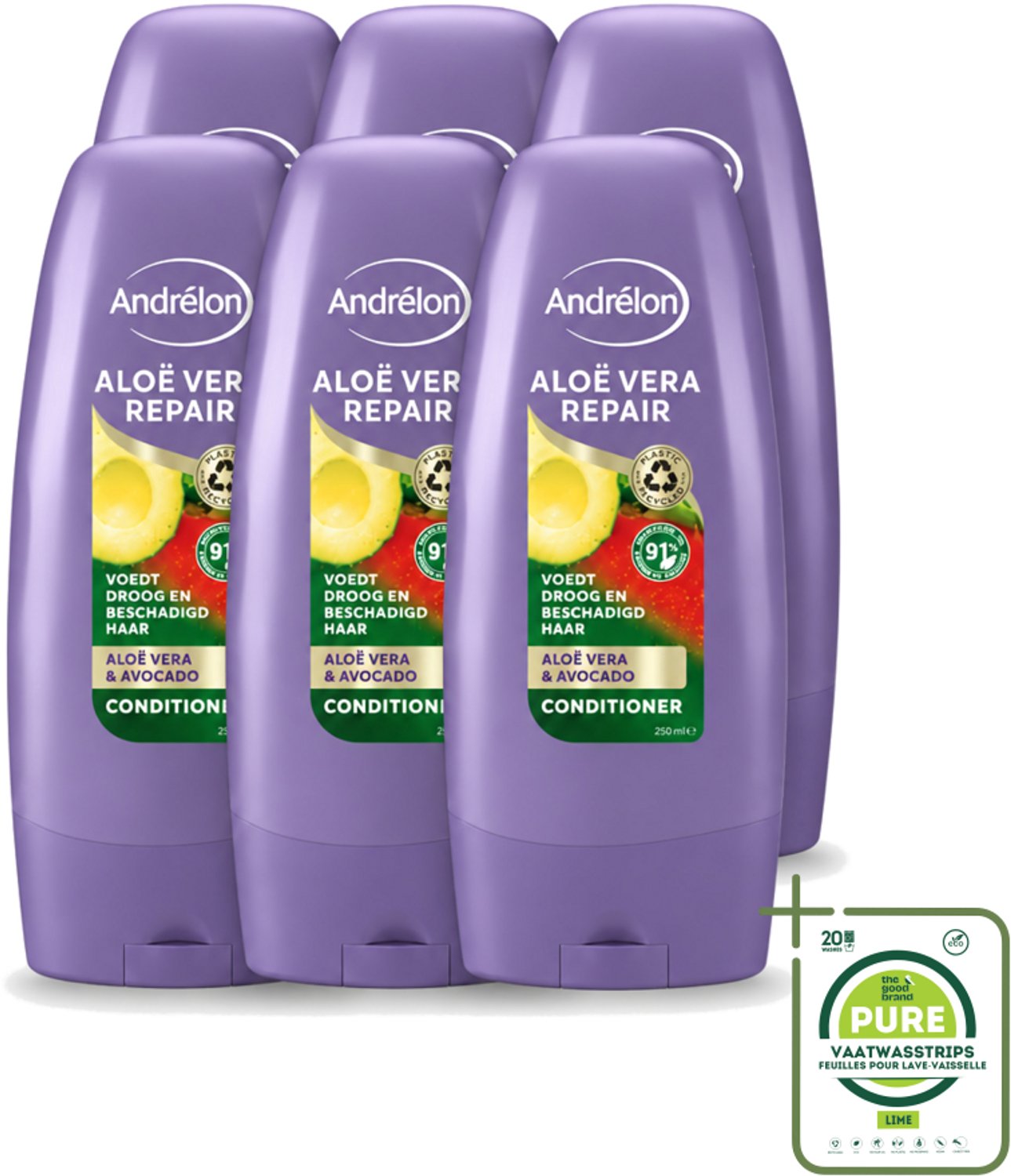 6 x Andrélon - Aloe Vera Repair - Conditioner - Verzachtend & Herstellend - 250 ml - Grootverpakking - Vaatwasstrips - Haarherstel - Haarverzorging - Droog Haar - Beschadigd Haar - Aloe Vera