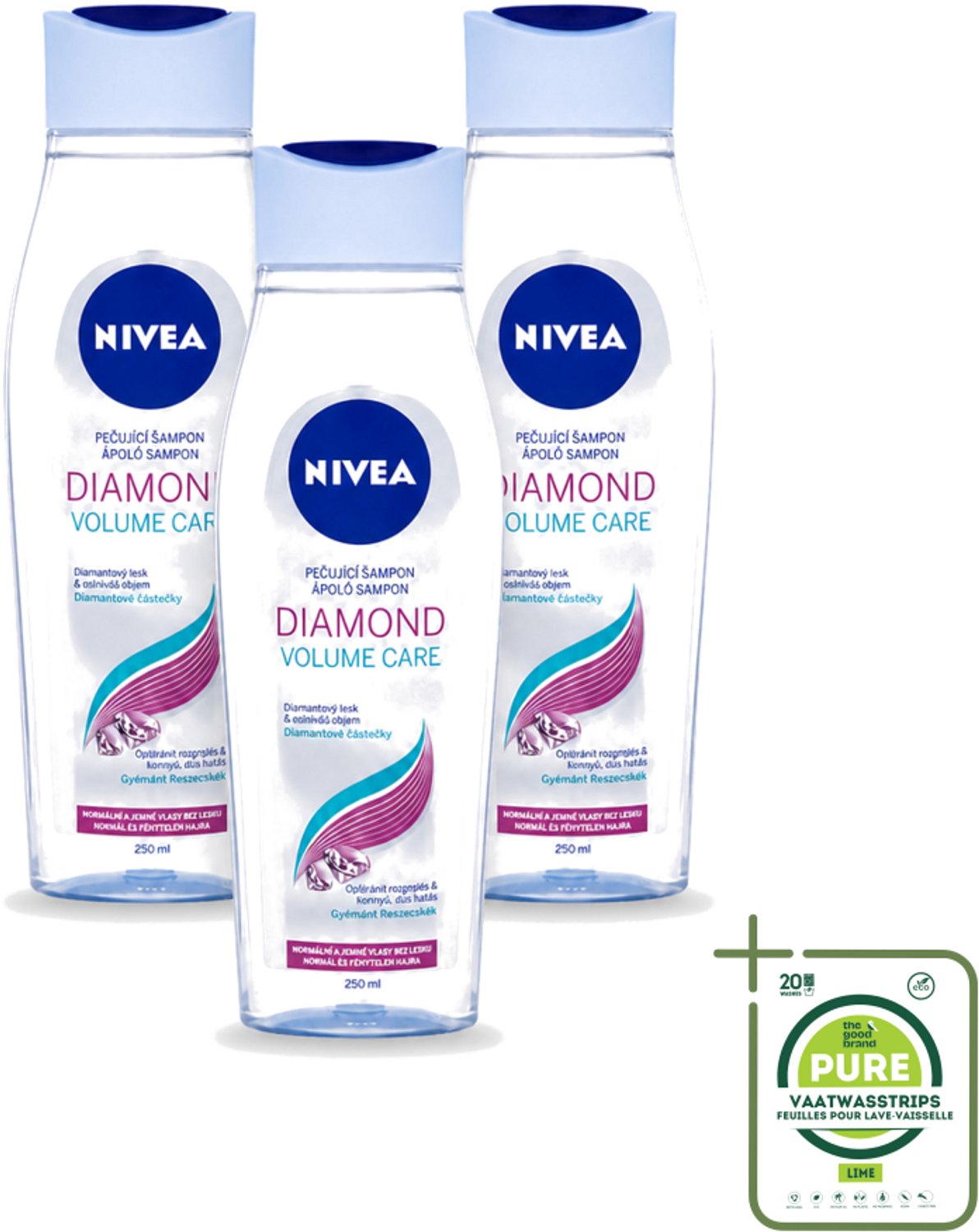 3 x Nivea - Diamond Volume Care Shampoo - 250 ml - Grootverpakking - Vaatwasstrips - Volume Haar - Glans Haar - Diamantpoeder - Verzorging Haar - Natuurlijke Glans