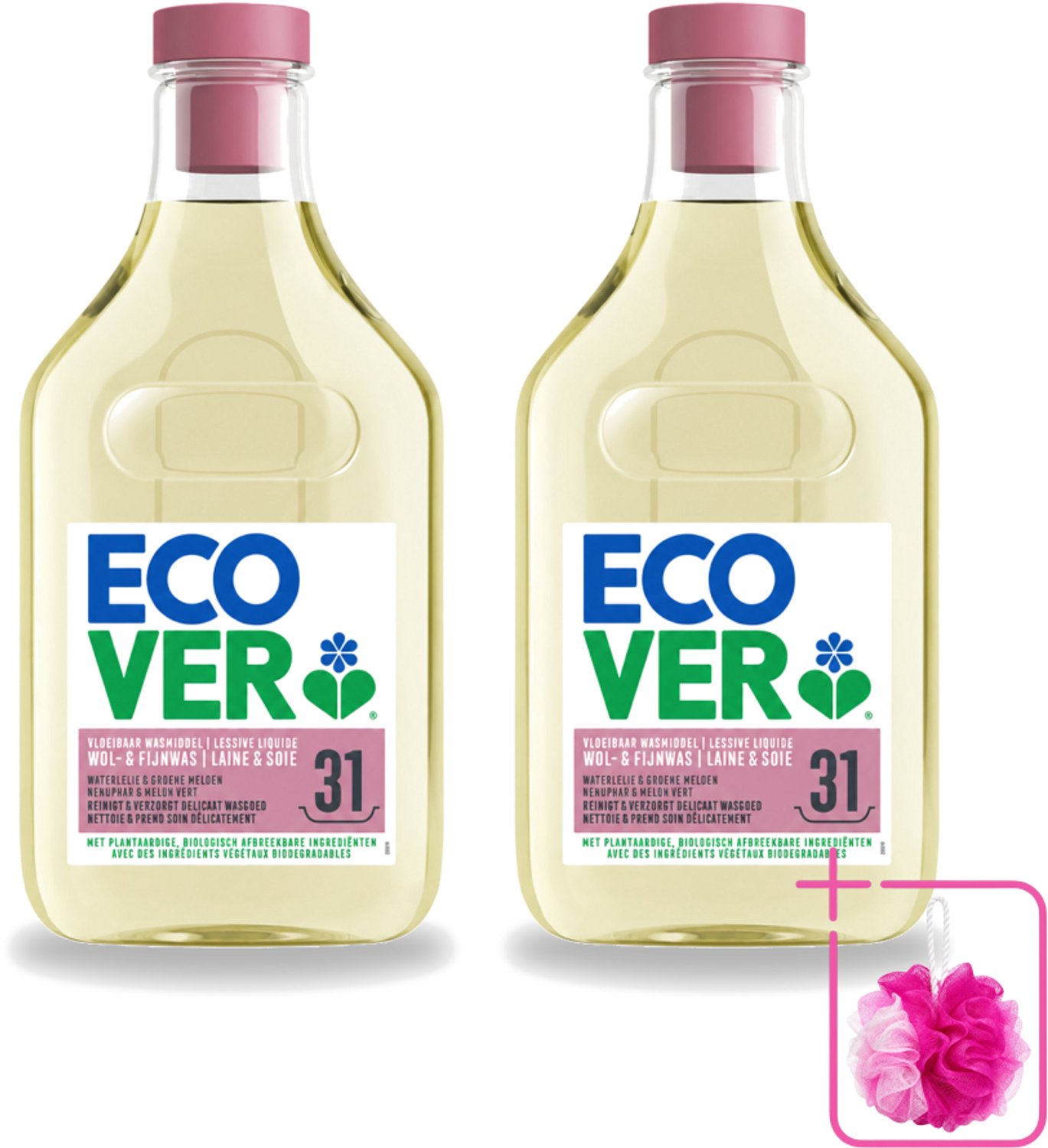 2 x Ecover - Vloeibaar Wasmiddel - Wol & Fijn Was - Waterlelie & Groene Meloen - 31 Wasbeurten - 1.43 L - Bulkverpakking - Wasmiddel Wol en Fijn - Douchemop - Fijne was