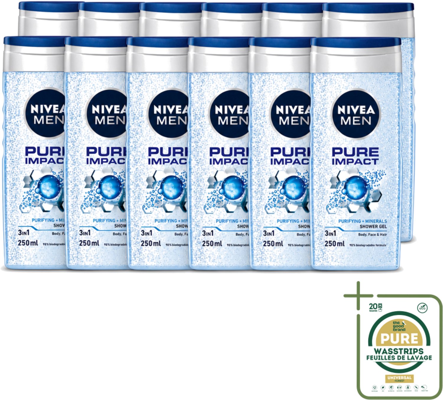 12 x Nivea Men – Douchegel – Pure Impact – 250 ml - Wasstrips - Douchegel - Zuiverende Douchegel - Reinigende Douchegel - Zweet Verwijderen - Vuil Verwijderen