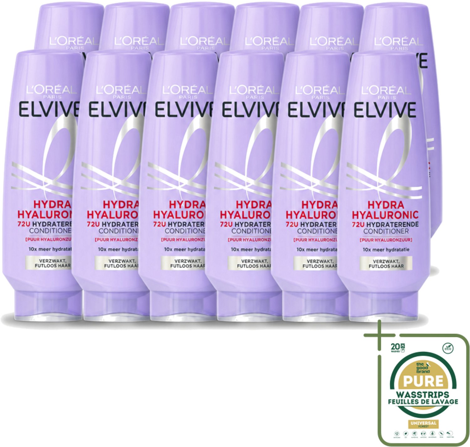 12 x L’Oréal Paris Elvive – Conditioner – Hydra Hyaluronic Hydraterend – 200 ml - Wasstrips - Hyaluronzuur Conditioner - Hydraterende Conditioner - Droog Haar - Uitdroging - Pluizen