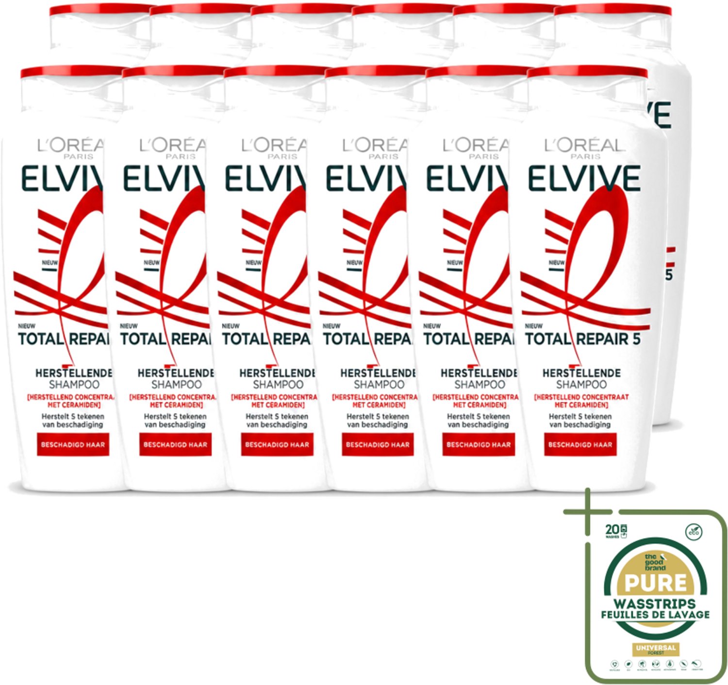 12 x L’Oréal Paris Elvive – Shampoo – Total Repair 5 – Herstellend – 250 ml - Wasstrips - Herstel Haar - Beschadigd Haar - Droog Haar - Futloos Haar - Gespleten Punten