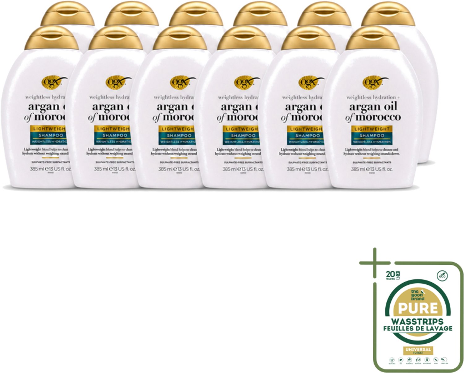 12 x OGX - Argan Oil of Morocco - Shampoo - Lichtgewicht - Voor Dagelijks Gebruik - 385 ml - Wasstrips - Luchtige Shampoo - Arganolie Shampoo - Dagelijks Gebruik Shampoo - Gezonde Glans Haar - Versterkend Haar