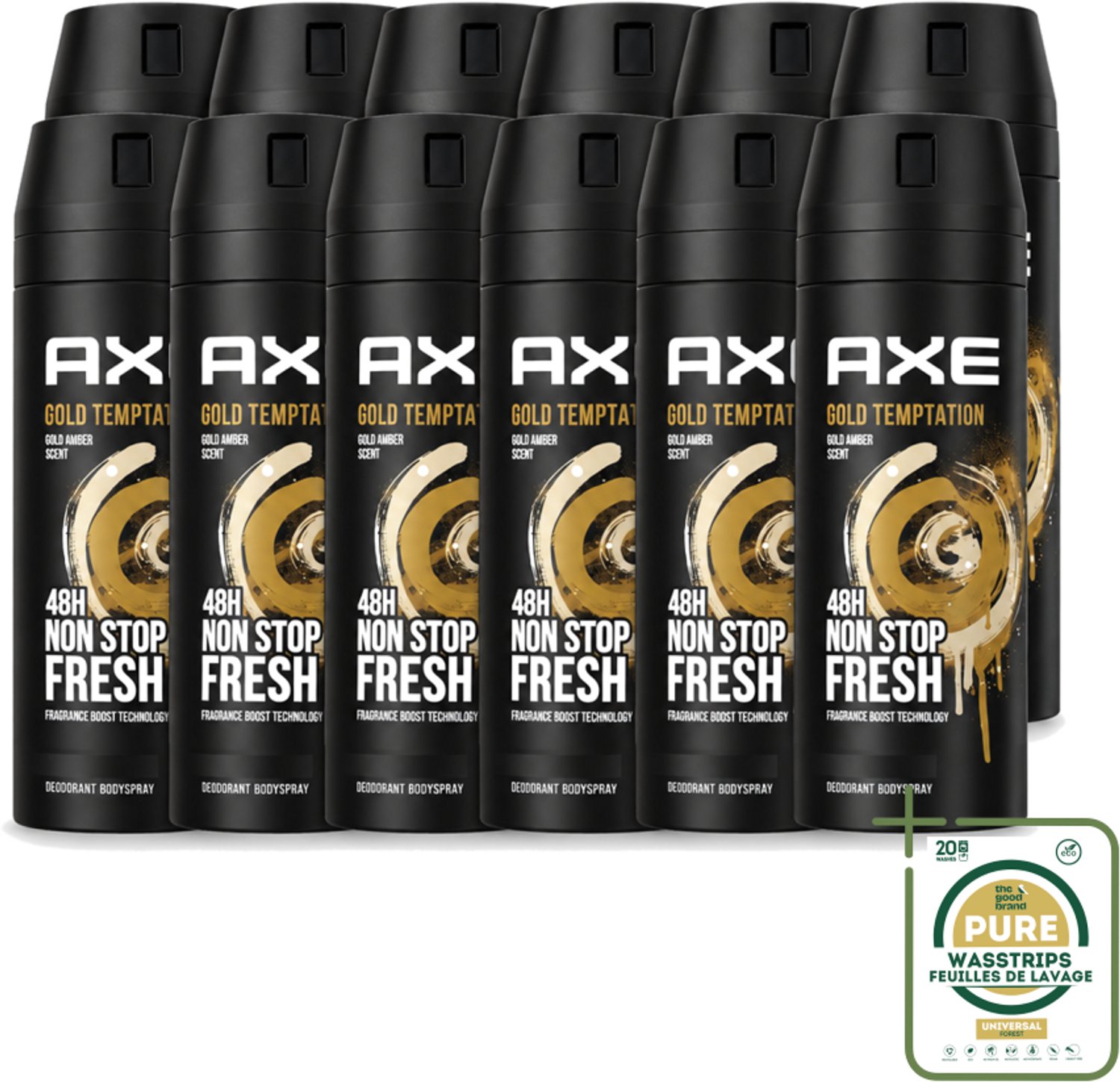 12 x Axe - Deodorant Bodyspray - 48hrs Non Stop Fresh - Gold Temptation - Gold Amber - 150 ml - Wasstrips - Deodorant Bodyspray - Frisheid - Geur - Citrus - Kruiden