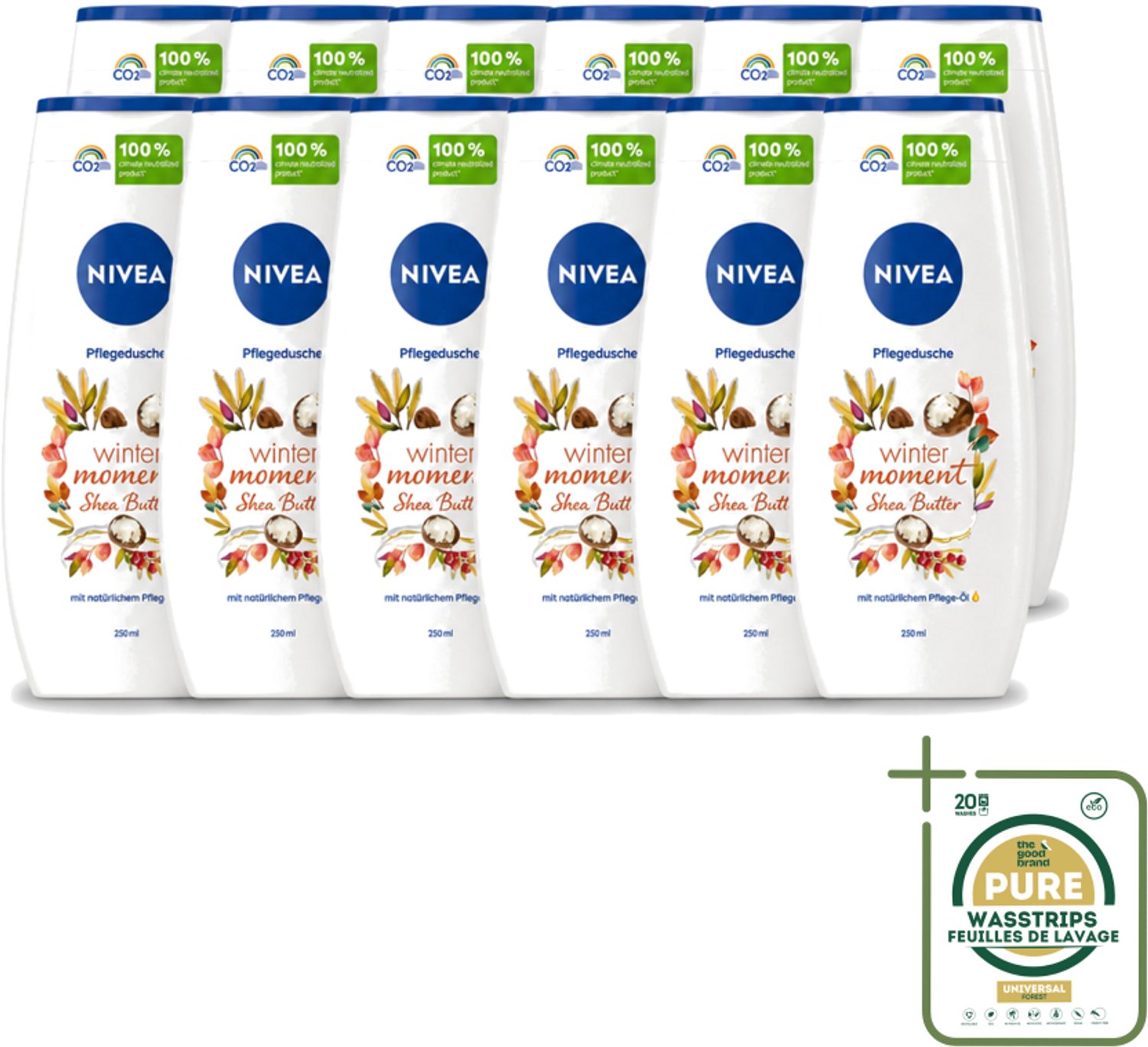 12 x Nivea - Douchegel - Winter Moment Shea Butter - 250 ml - Wasstrips - Douchegel Winter - Shea Butter Douchegel - Hydraterende Douchegel - Winter Douchegel - Verzorgende Douchegel