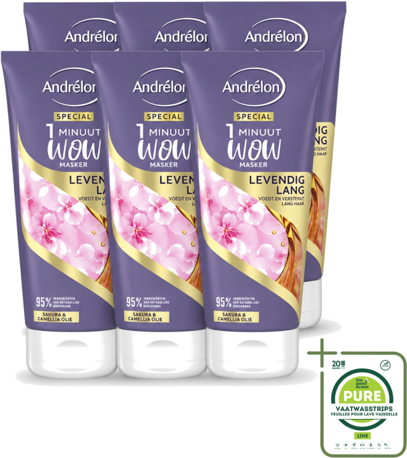 6 x Andrélon - 1 Minuut Wow Haarmasker - Levendig Lang - 180 ml - Grootverpakking - Vaatwasstrips - 1 Minuut Masker - Lang Haar Masker - Haarmasker - Haar Herstel - Haar Verzorging