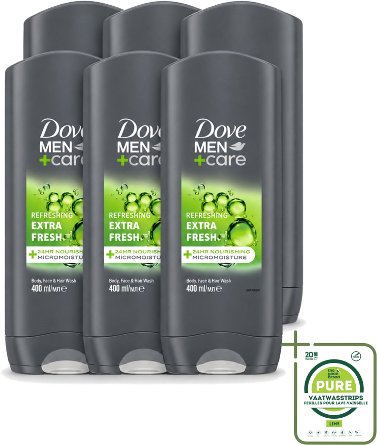 6 x Dove - Douchegel - Men+ Care Extra Fresh - Verfrissend - 400 ml - Grootverpakking - Vaatwasstrips - Douchegel - Mannelijke Geur - Reinigen - Huidverzorging - Fris Gevoel