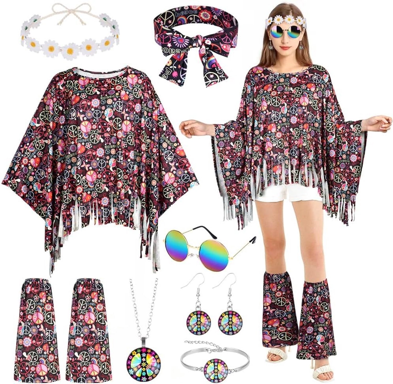 Vintage 9-delige kostuumset voor vrouwen in jaren '60 en '70 stijl met accessoires zoals brillen, hoofdband en laarzenhoezen voor carnaval en Halloween