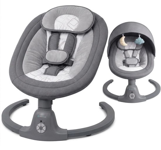Elektrische babyschommel en wipstoel in grijs met een wit patroon, inclusief speelboog met maan- en wolkjehanger.