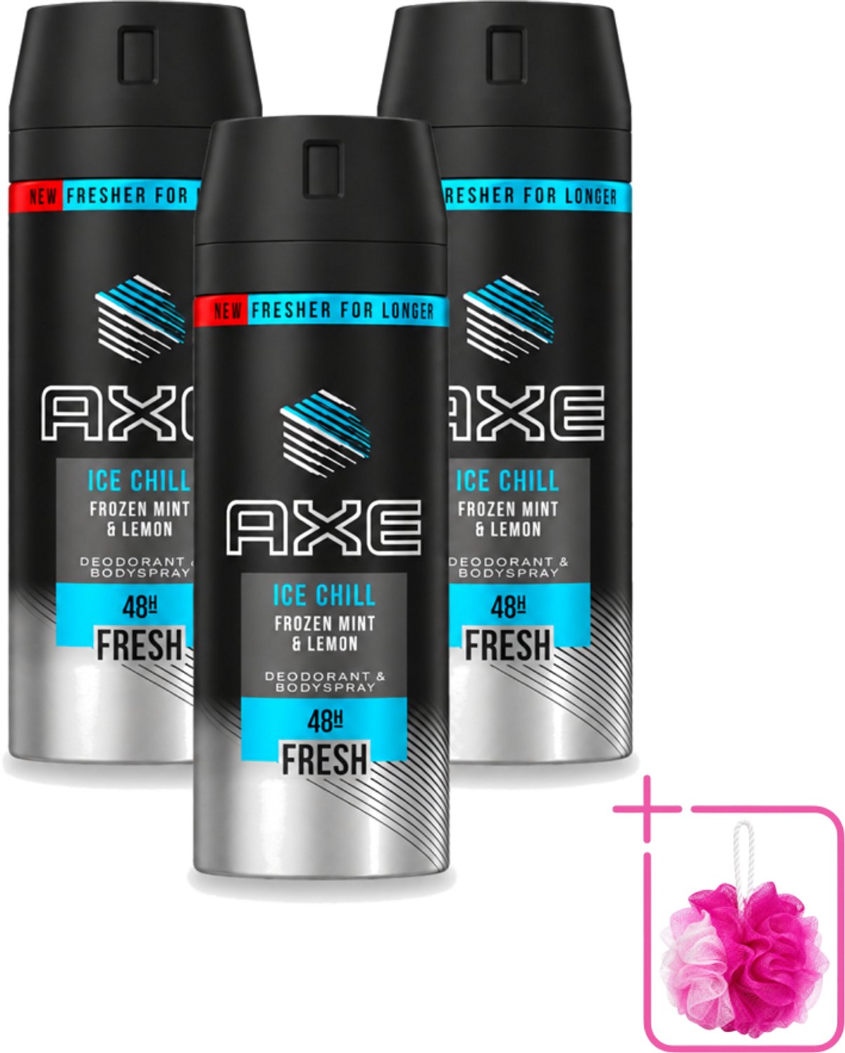3 x Axe - Deodorant Bodyspray - 48hrs Fresh - Ice Chill - Frozen Mint & Lemon - 150 ml - Bulkverpakking - Bevroren munt - Douchemop - Citroen
