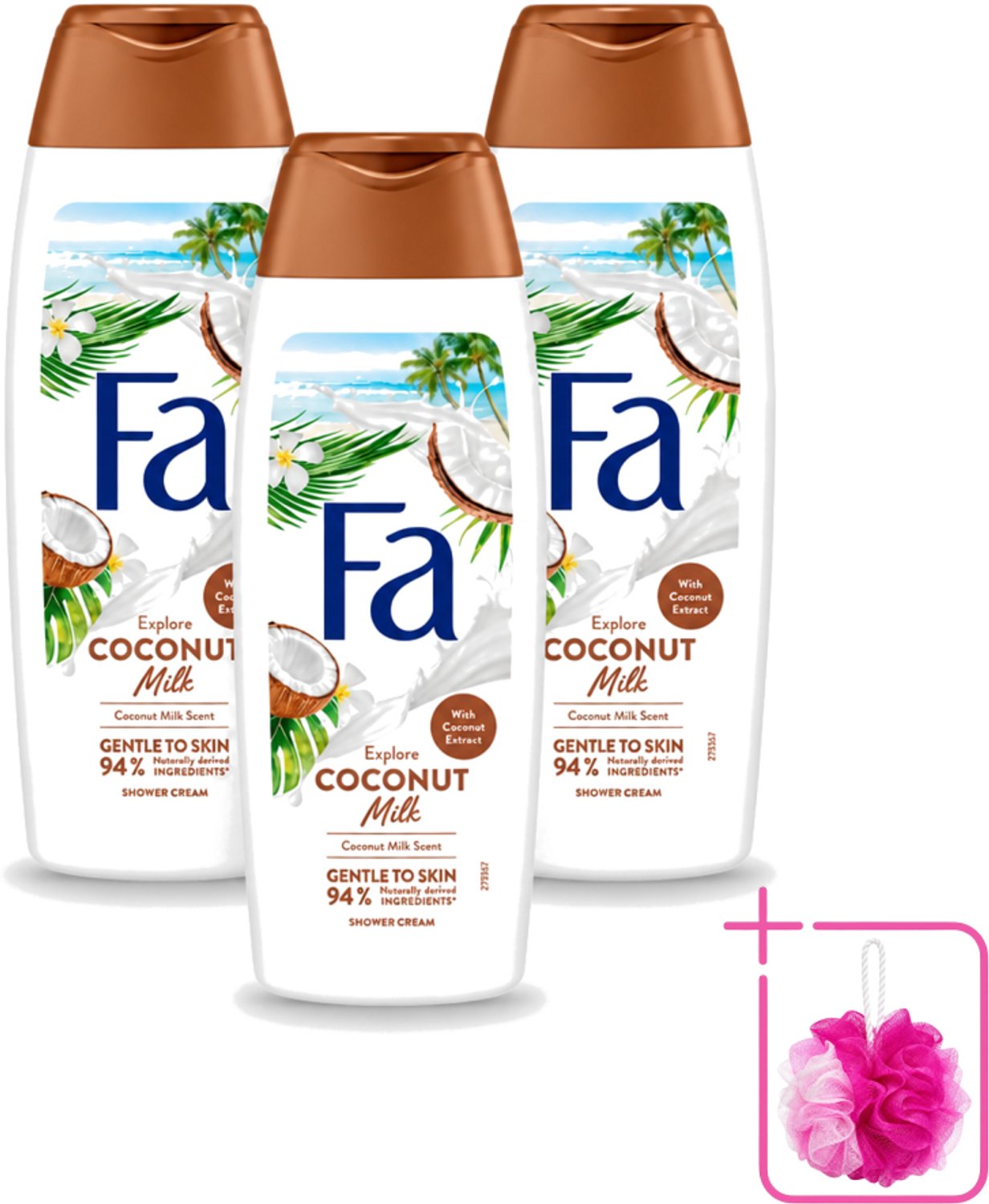 3 x Fa - Douchegel - Coconut Milk - Hydraterend & Kalmerend - Verzachtend - 250 ml - Bulkverpakking - Douchegel kokosmelk - Douchemop - Hydraterende douchegel