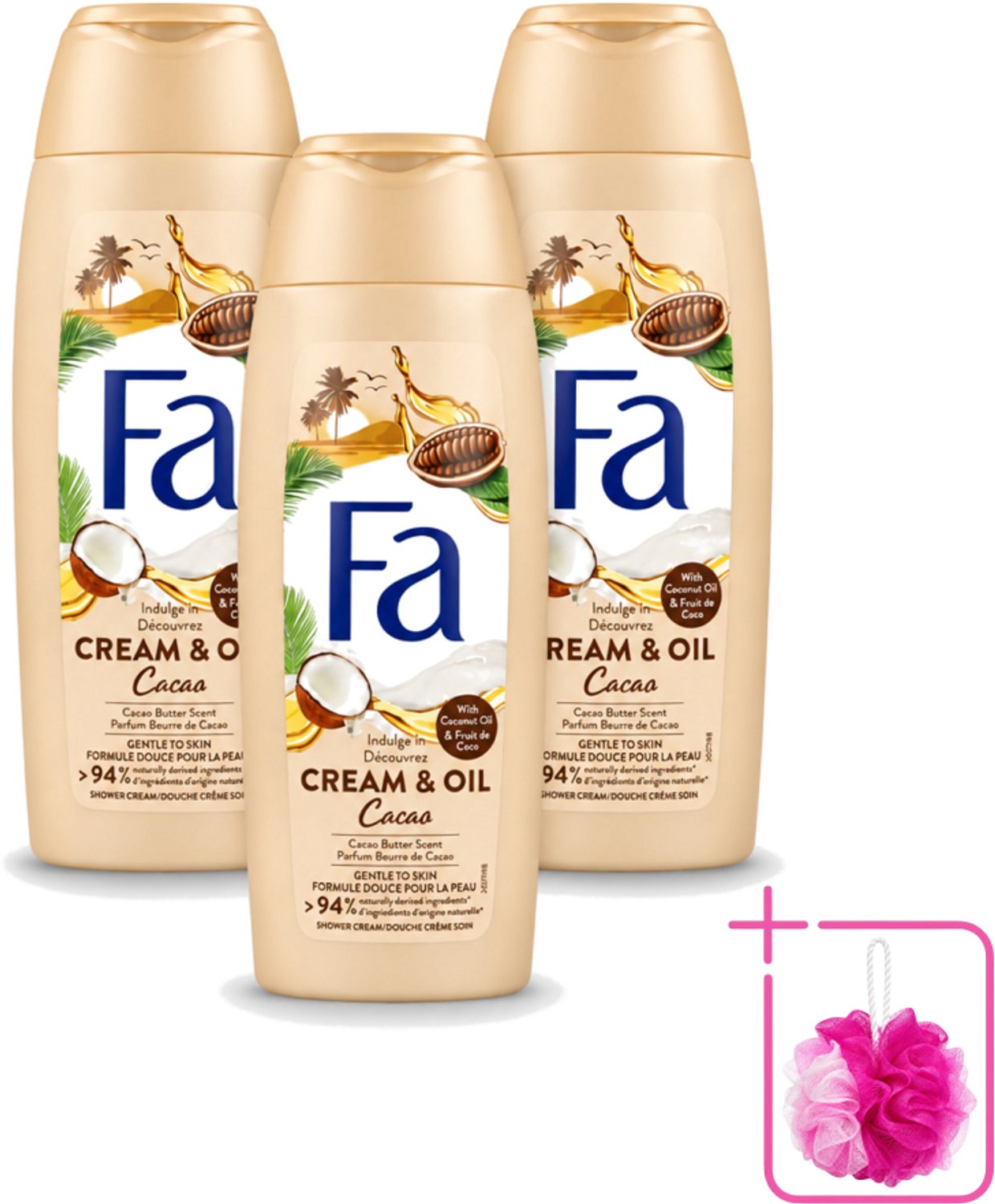 3 x Fa - Douchecrème - Room & Olie Kokosnuss Kakaoboter - Verzachtend & Voedend - 250 ml - Bulkverpakking - Douchecrème - Douchemop - Natuurlijke douchecrème