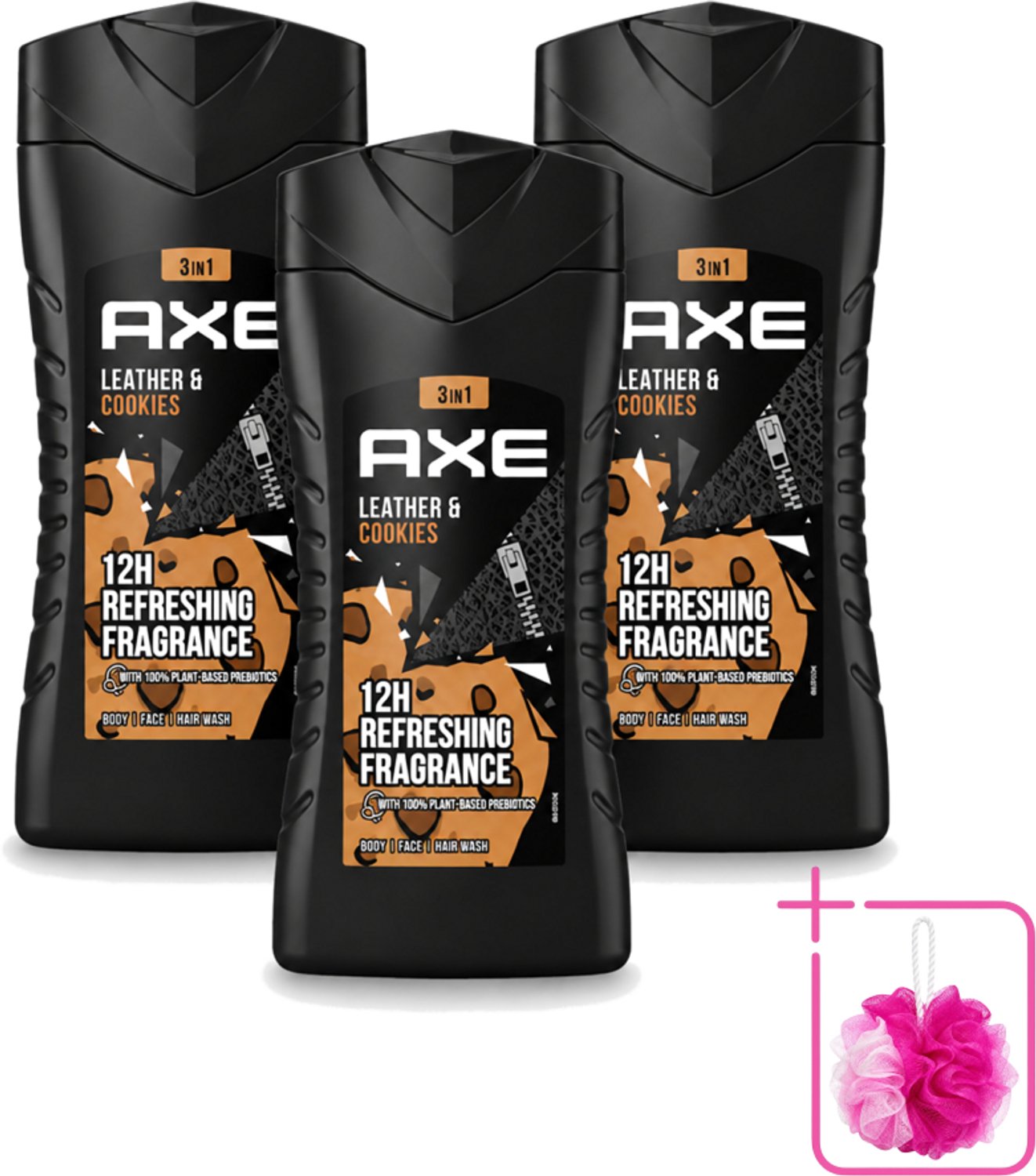3 x Axe - 3-in-1 Douchegel - Leather & Cookies - 100% Plantaardig - 250 ml - Bulkverpakking - Douchegel - Douchemop - Geur