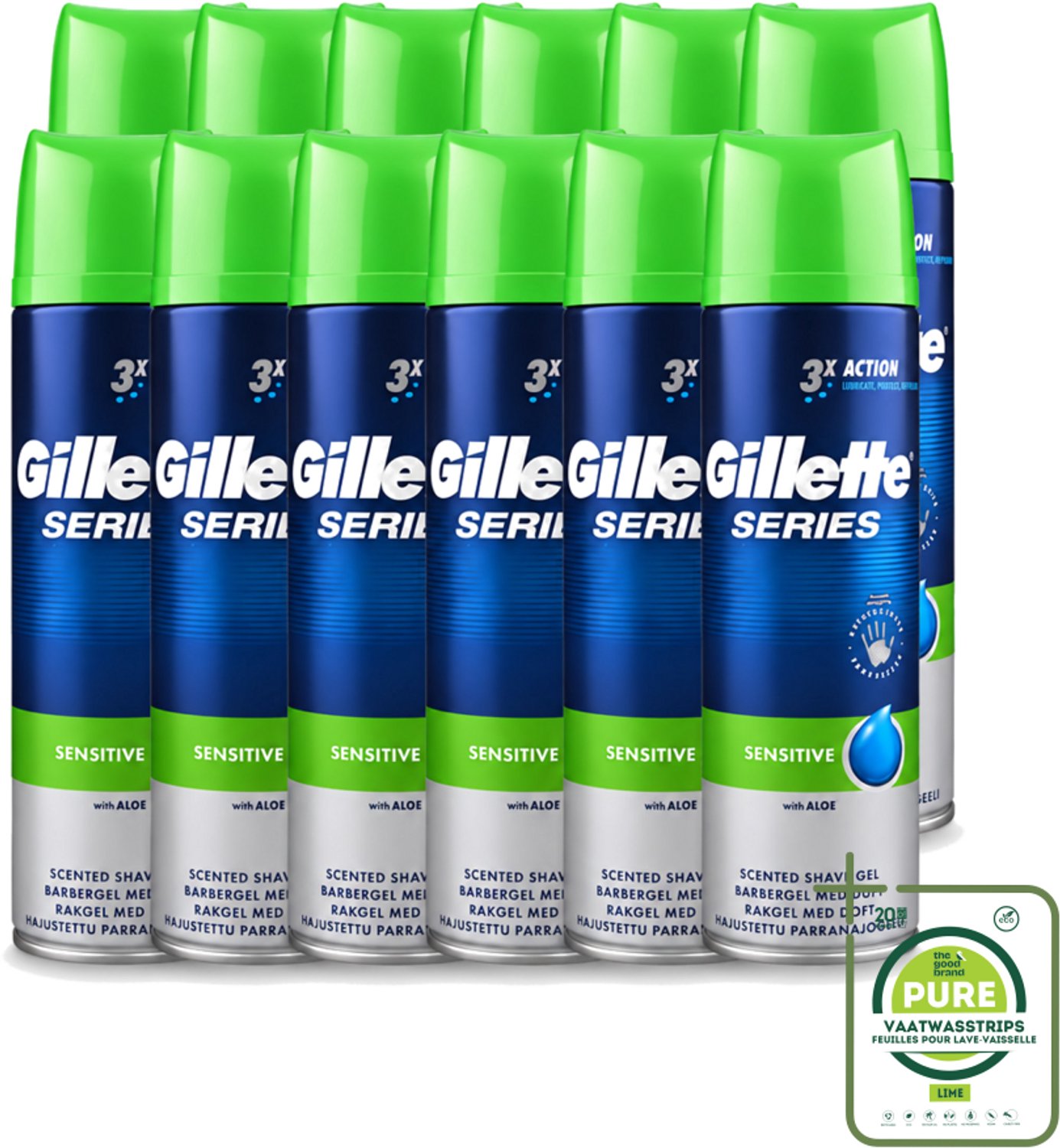 12 x Gillette Series - Scheergel - Sensitive - Aloe Vera - Voor de gevoelige huid - 200 ml - Grootverpakking - Gevoelige Huid - Scheergel - Scheren - Schuim - Roodheid