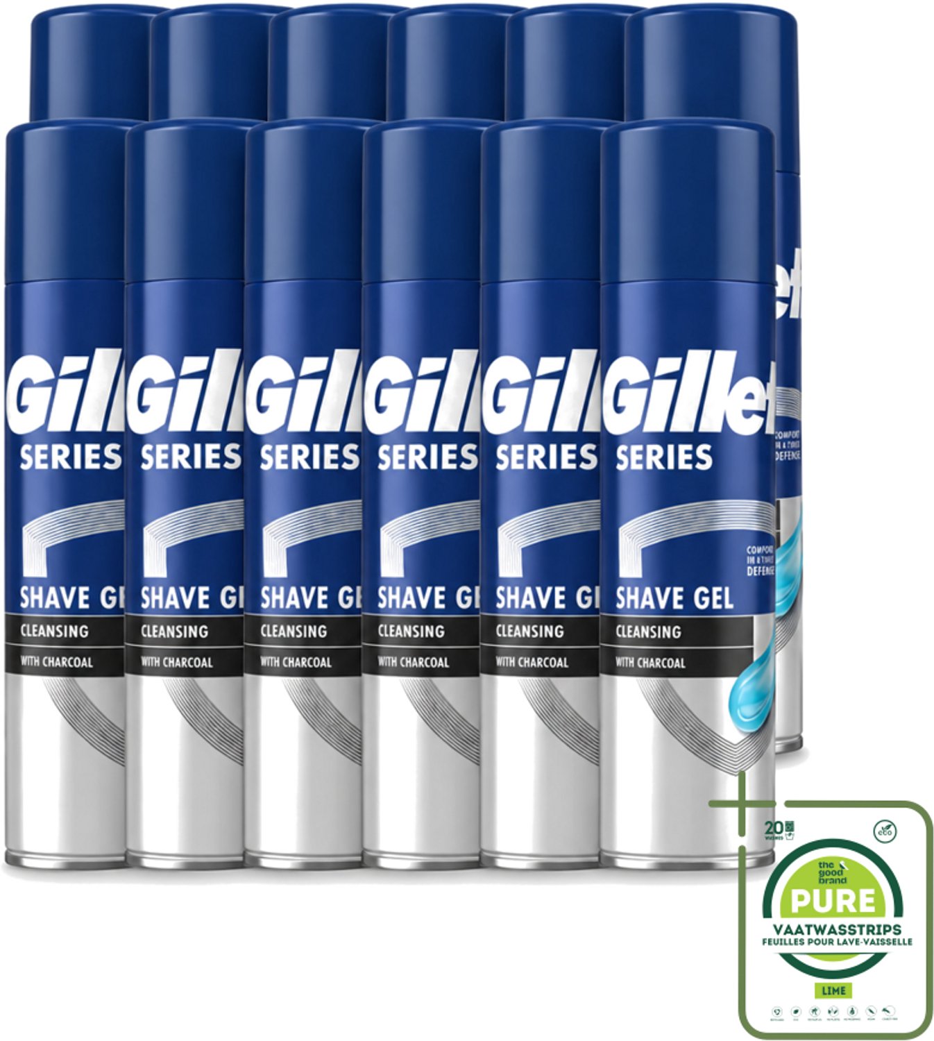 12 x Gillette Series - Scheergel - Cleansing - Charcoal - Verfrissend en reinigend - 200 ml - Grootverpakking - Vaatwasstrips - Scheergel - Houtskool - Menthol - Reinigen - Schuim