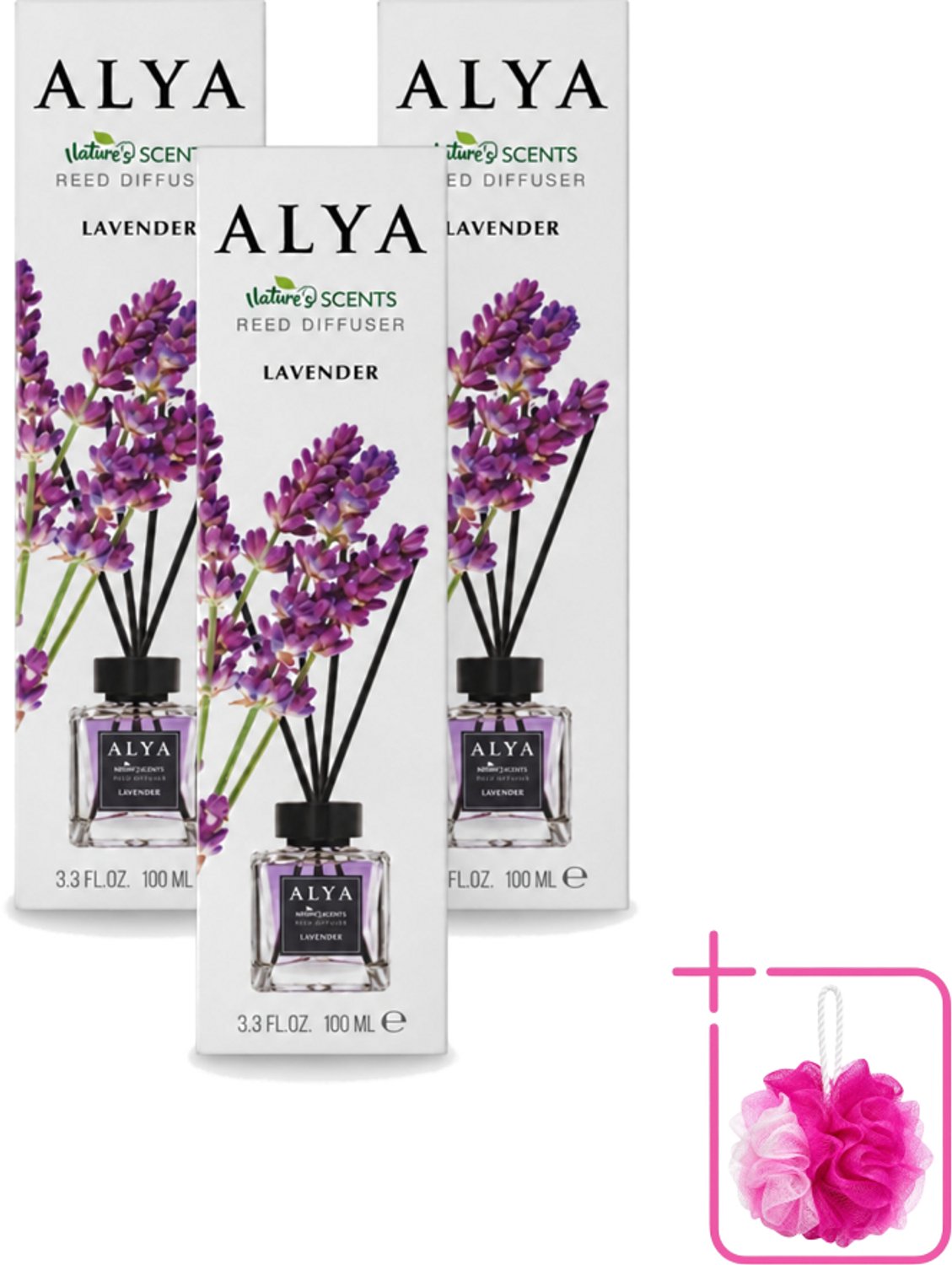 3 x Alya – Reed Diffuser – Lavender – Interieurparfum - Bulkverpakking - Lavendel geurstokjes - Douchemop - Rustgevende geur