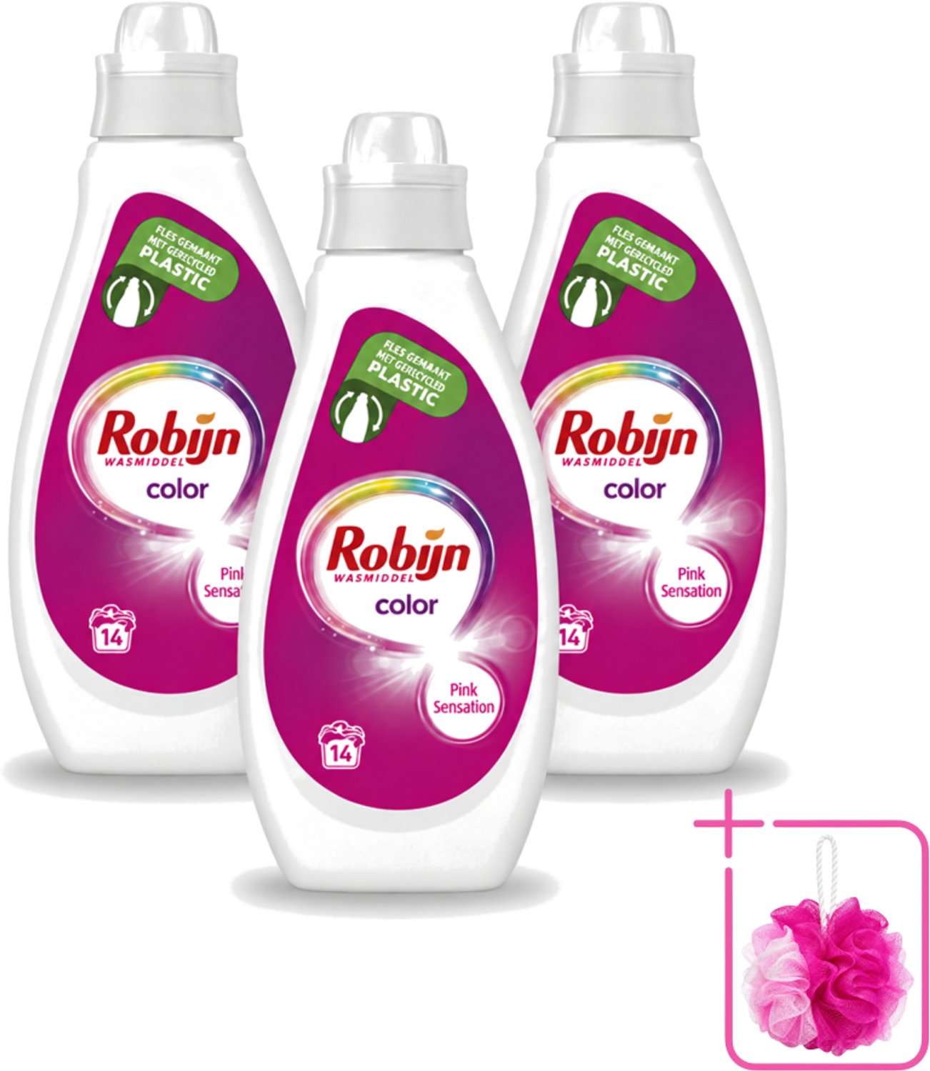 3 x Robijn - Color - Vloeibaar Wasmiddel - Pink Sensation - 14 Wasbeurten - 700 ml - Bulkverpakking - Kleurbehoud - Douchemop - Wasmiddel