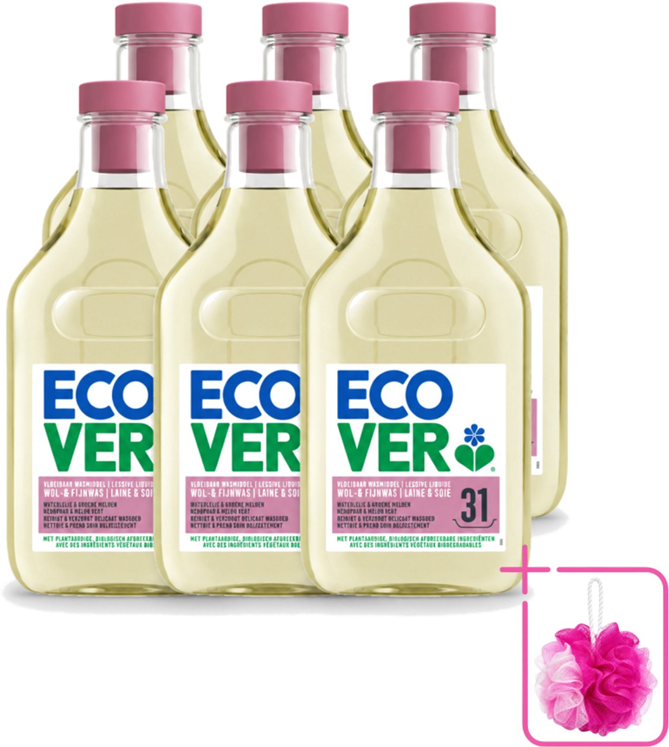 6 x Ecover - Vloeibaar Wasmiddel - Wol & Fijn Was - Waterlelie & Groene Meloen - 31 Wasbeurten - 1.43 L - Bulkverpakking - Wasmiddel Wol en Fijn - Douchemop - Fijne was