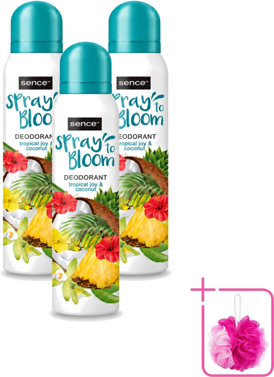 3 x Sence - Tropical Joy & Coconut - Deodorant - Exotisch - 150 ml - Bulkverpakking - Tropische geur - Douchemop - Kokos