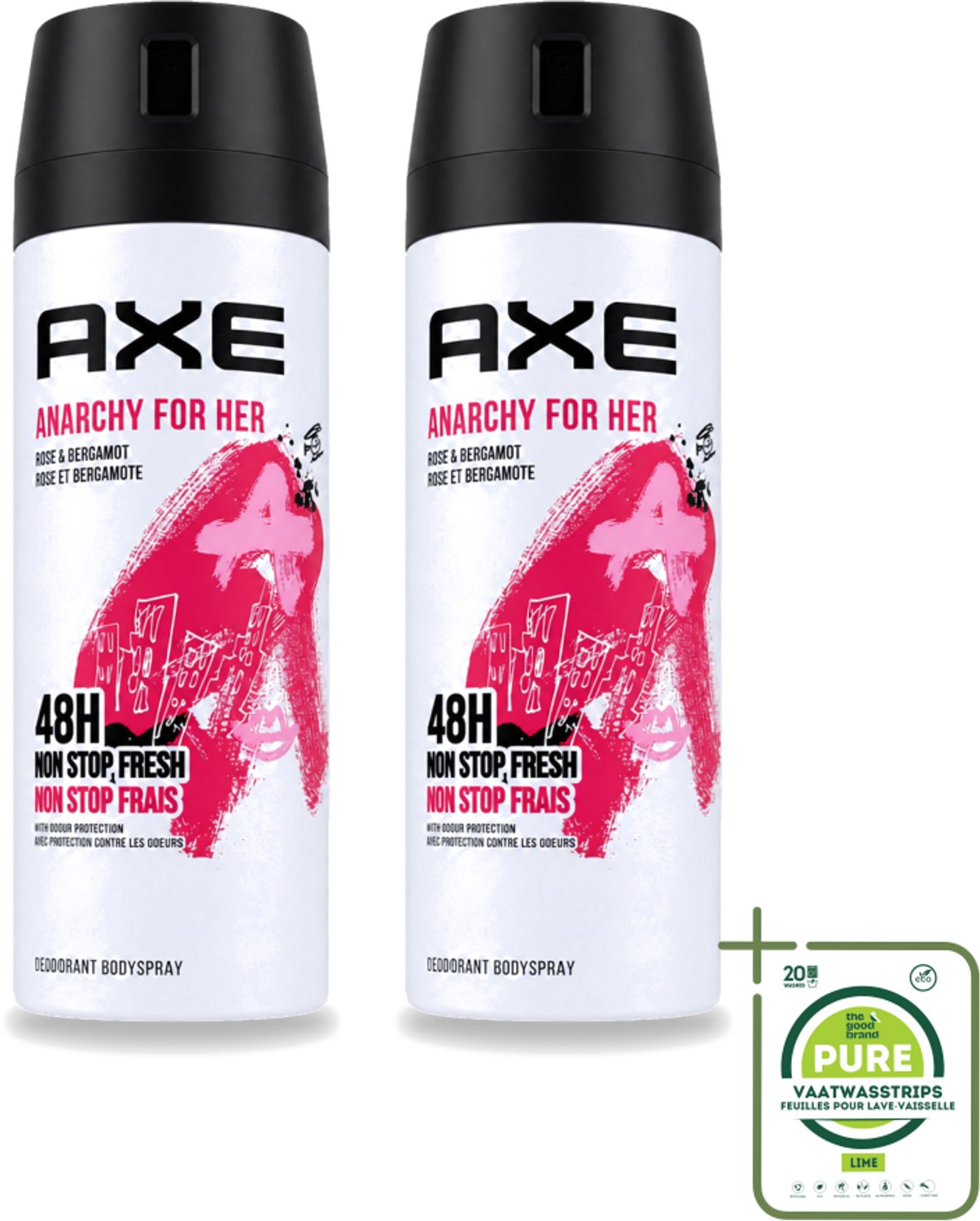 2 x Axe - Deodorant Bodyspray - 48hrs Non Stop Fresh - Anarchy For Her - Rose & Bergamot - 150 ml - Grootverpakking - Vaatwasstrips - Deodorant - Geur - Roos - Bergamot - Vrouwelijkheid