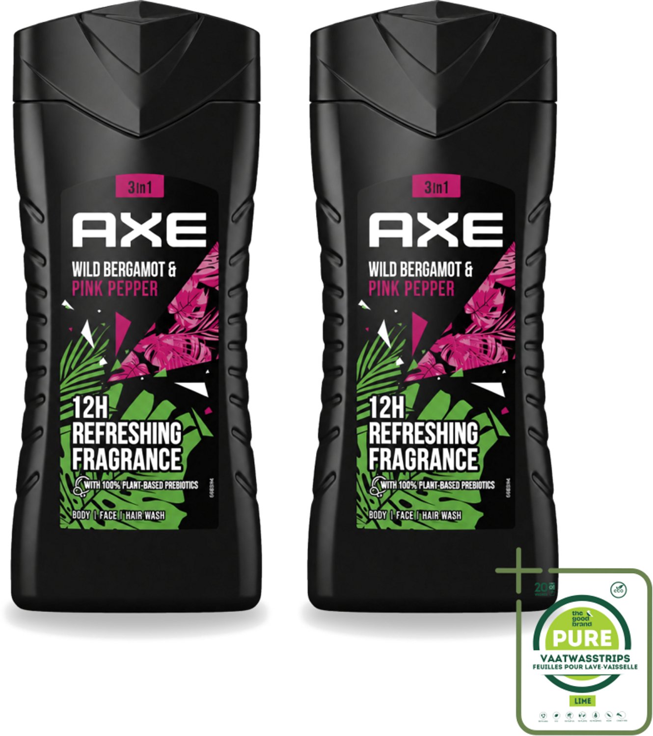 2 x Axe - 3-in-1 Douchegel - Wild Bergamot & Pink Pepper - 100% Plantaardig - 250 ml - Grootverpakking - Vaatwasstrips - Douchegel - Geur - Fris - Onweerstaanbaar - Lichaam
