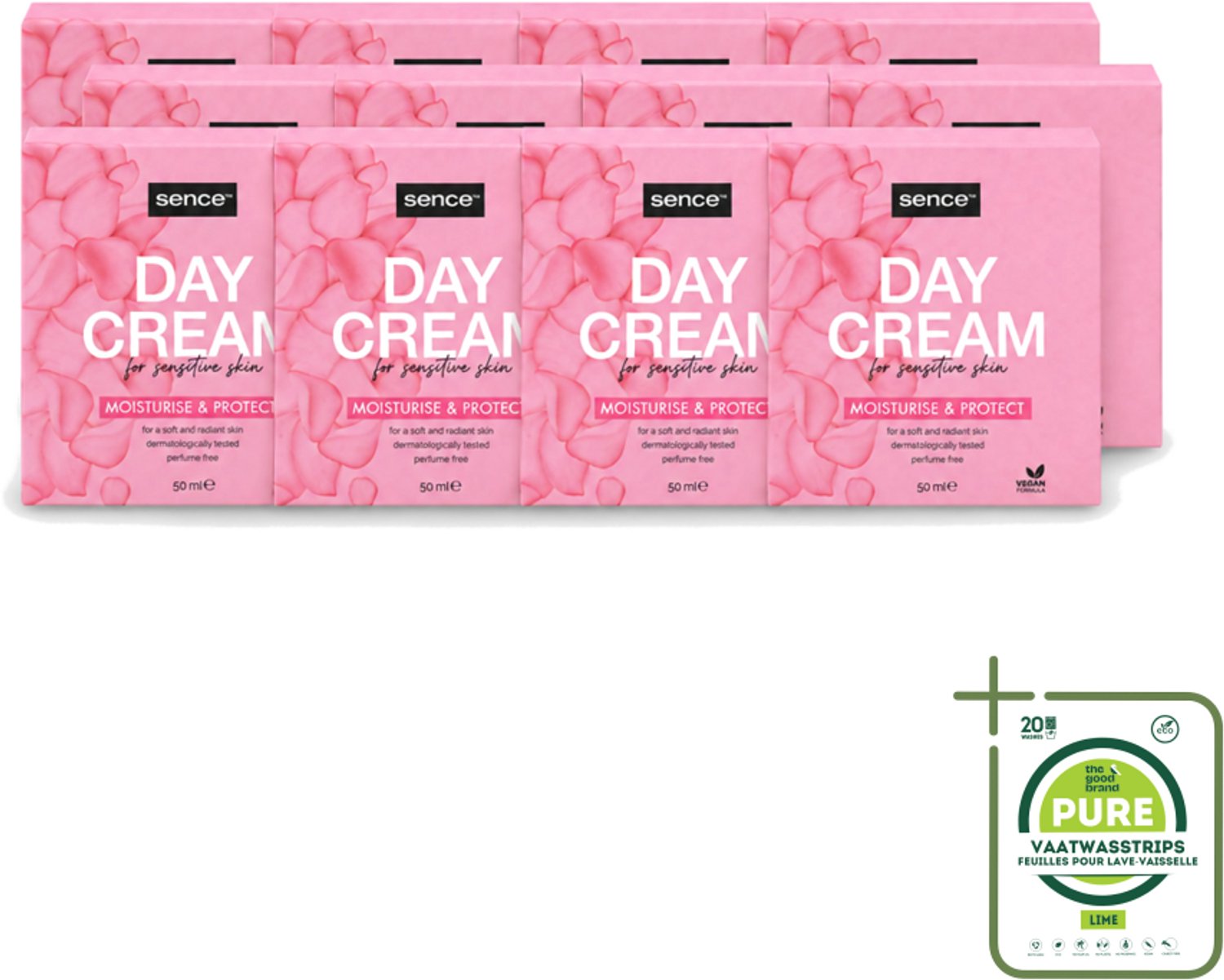 12 x Sence - Gevoelige Huid - Dagcrème - Verzachtend - 50 ml - Grootverpakking - Vaatwasstrips - Gevoelige Huid Crème - Dagcrème - Verzorging - Hydraterende Crème - Huidbescherming