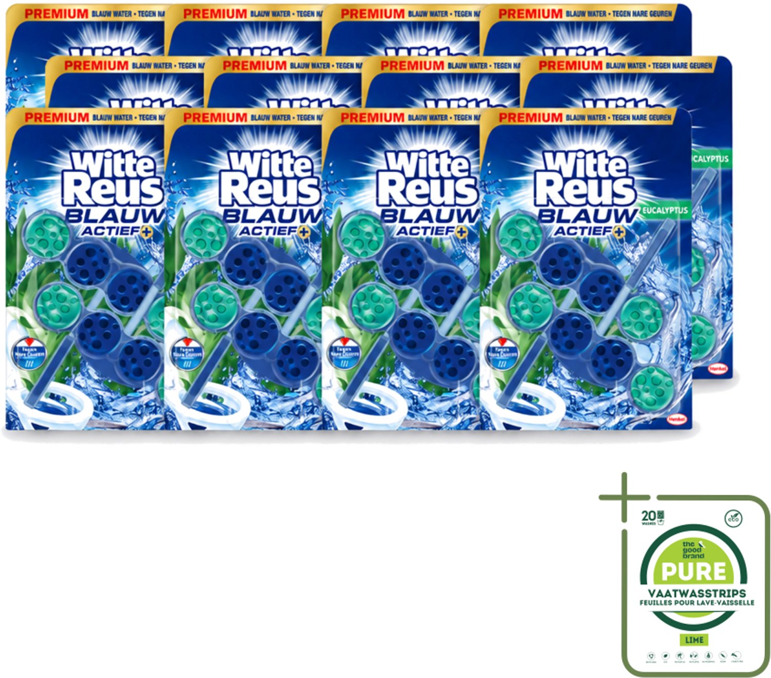 12 x Witte Reus - Toiletblok - Blauw Actief Eucalyptus - 2 Toiletblokken - Grootverpakking - Vaatwasstrips - Toiletblok - Toilet Reinigen - Blauw Water - Kalkaanslag Voorkomen - Frisse Geur