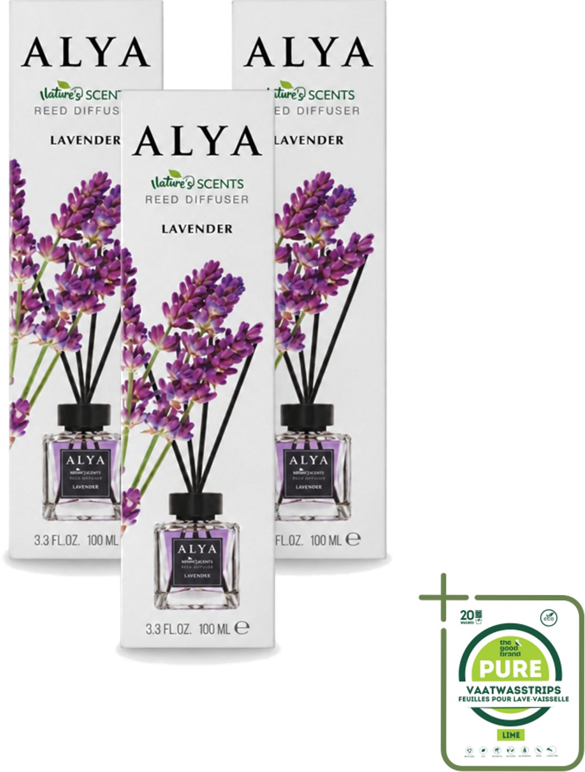 3 x Alya – Reed Diffuser – Lavender – Interieurparfum - Grootverpakking - Vaatwasstrips - Lavendel Geurstokjes - Rustgevende Geur - Ontspanning Thuis - Frisse Geur - Natuurlijke Geur