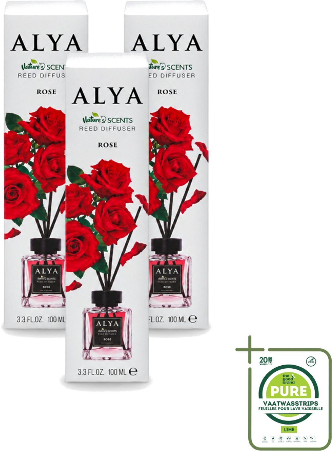 3 x Alya – Geurdiffuser – Rose – Interieurparfum - Grootverpakking - Vaatwasstrips - Geurstokjes - Geur - Geurverspreiding - Geur Olie - Geur Sfeer