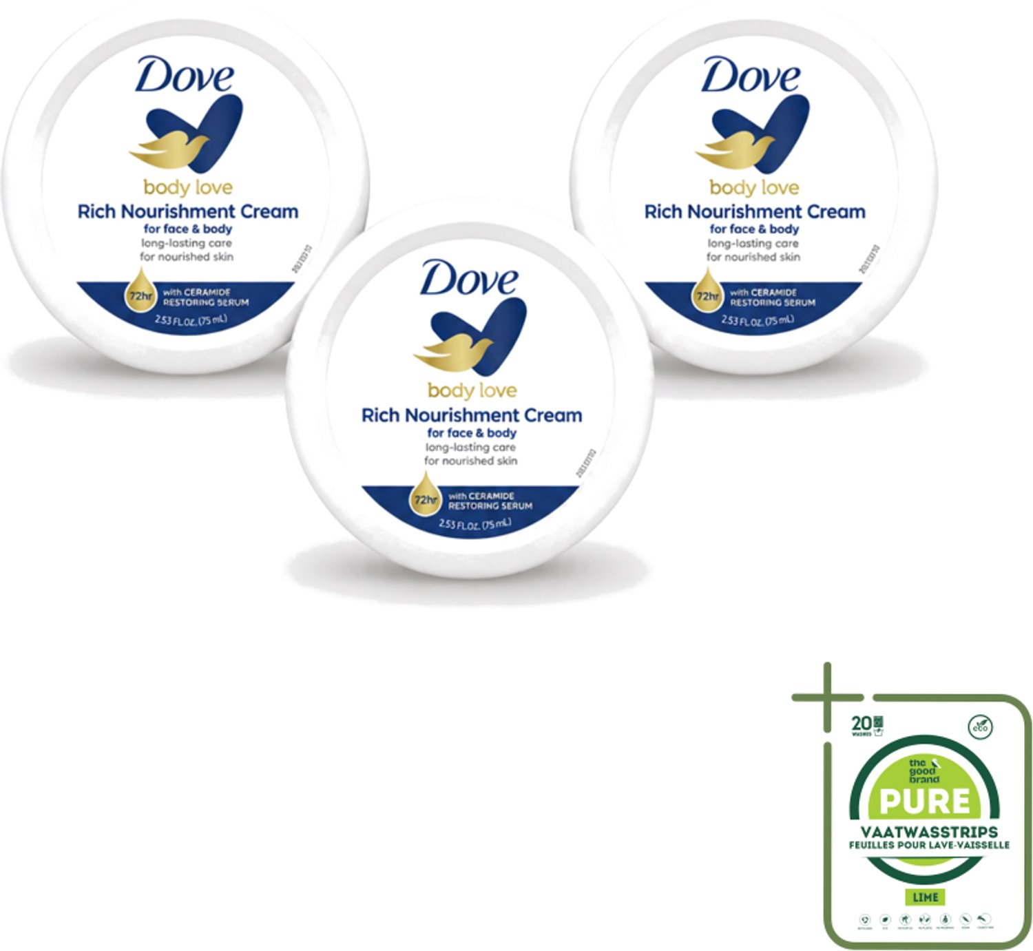 3 x Dove – Bodycrème – Rich Nourishment – 75 ml - Grootverpakking - Vaatwasstrips - Bodycrème - Hydratatie - Droge Huid - Voedende Crème - Huid Verzorging