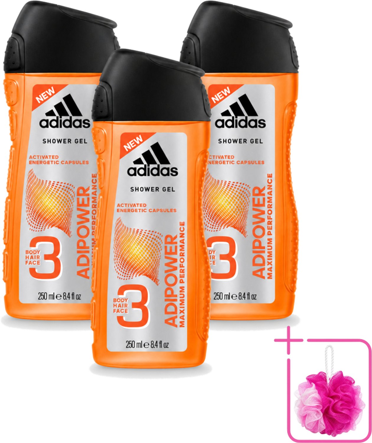 3 x Adidas - 3-in-1 Douchegel - Adipower Maximum Performance -250 ml - Bulkverpakking - Adidas Adipower Douche en Shampoo - Douchemop - 2-in-1 douche en shampoo