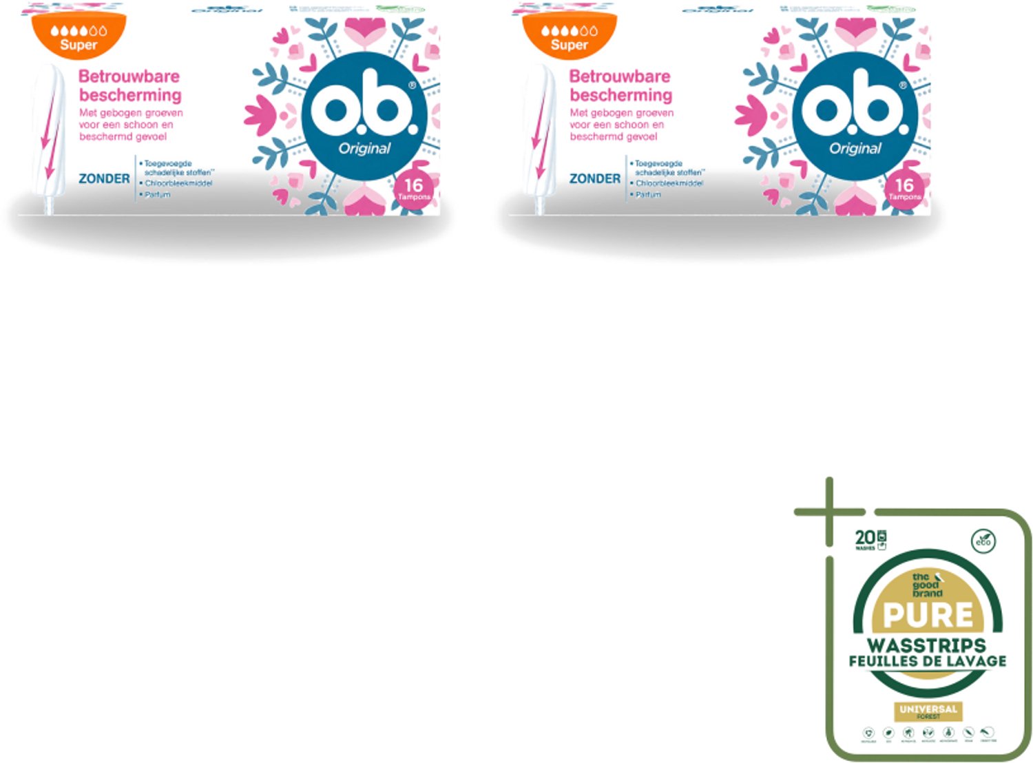 2 x o.b. Tampons - Original Super - Gebogen Groeven - Voor Betrouwbare Bescherming - 16 Tampons - Wasstrips - Tampons - Menstruatiebescherming - Gebogen Groeven - StayDry - Plantaardige Kern