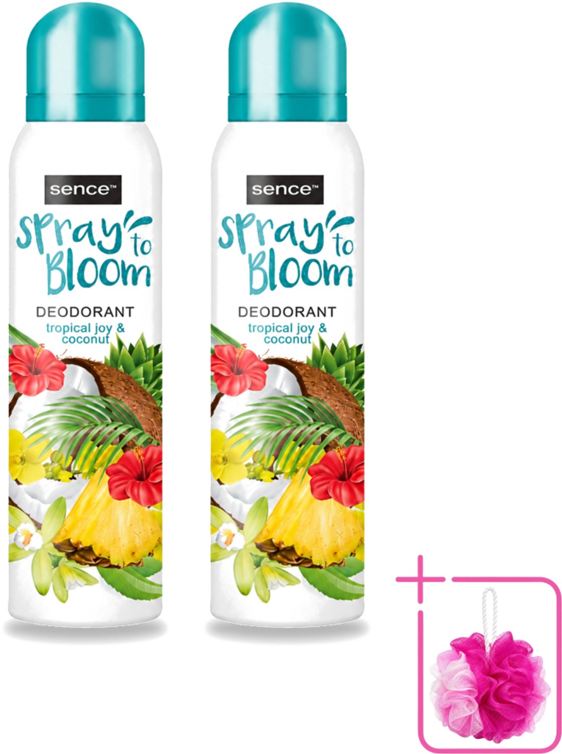 2 x Sence - Tropical Joy & Coconut - Deodorant - Exotisch - 150 ml - Bulkverpakking - Tropische geur - Douchemop - Kokos