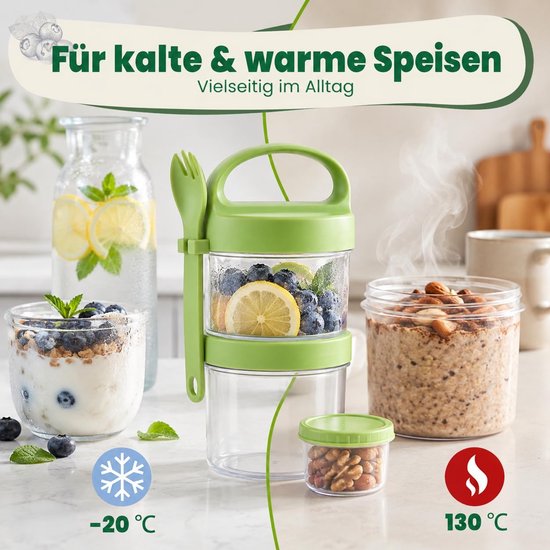 4 stuks dubbellaagse yoghurt Overnight Oats bekers, 560 + 360 ml vershoudbeker, herbruikbare slabeker met lepel en vork, draagbare mueslibeker voor onderweg, ontbijt to go — afbeelding 4