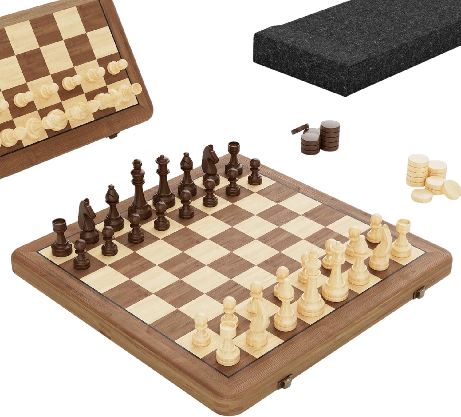 Verte - Magnetisch Schaakbord - Acaciahout - Opvouwbaar Schaakbord Van 15 Inch Met Staunton-Schaakstukken - Opbergtas En 2 Extra Dames - Cadeau Voor Volwassenen