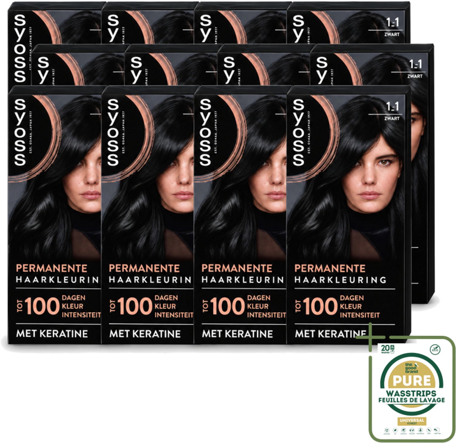12 x SYOSS - Coloration 1-1 Zwart - Haarverf - Grijsdekking - Vermindert Haarbreuk - Wasstrips - Haarverf - Permanente Haarkleur - Grijsdekking - Keratine - Haarkleur Krachtig