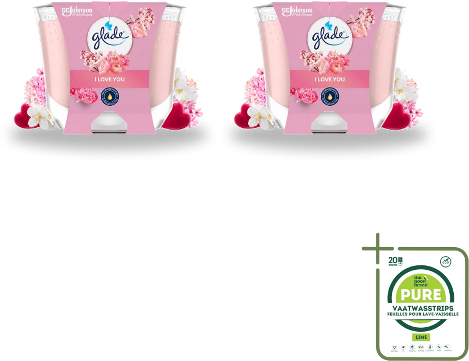 2 x Glade - Geurkaars I Love You - 100% Raapzaadwas - 204 g - Grootverpakking - Vaatwasstrips - Geurkaars - Romantische Geur - Bloemen Geur - Perzik Geur - Meloen Geur