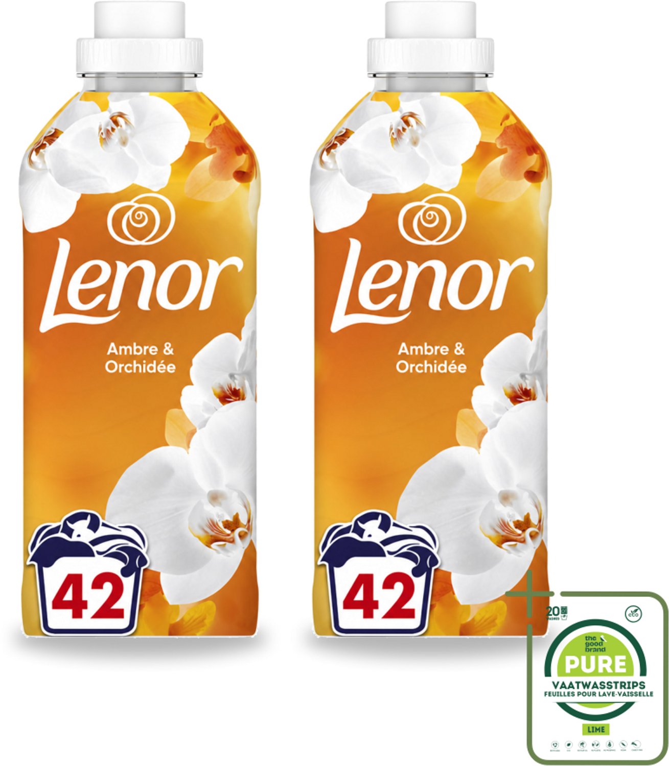 2 x Lenor - Wasverzachter - Amber & Orchidee - Fris & Zacht - 42 Wasbeurten - Grootverpakking - Vaatwasstrips - Wasverzachter - Geur - Ontspanning - Frisheid - Wasmachine