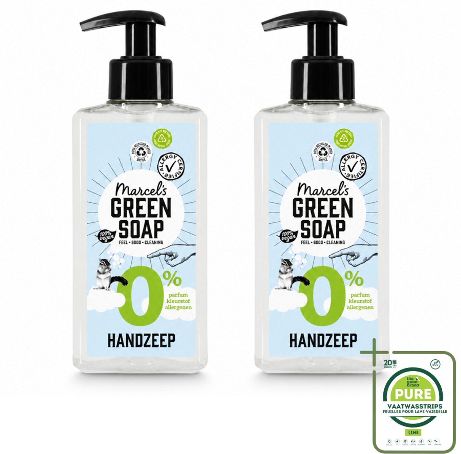 2 x Marcel's Green Soap - Handzeep 0% - Zachte verzorging - 250 ml - Grootverpakking - Vaatwasstrips - Handzeep 0% - Gevoelige Huid - Milde Handzeep - Plantaardige Glycerine - Allergiegecertificeerd