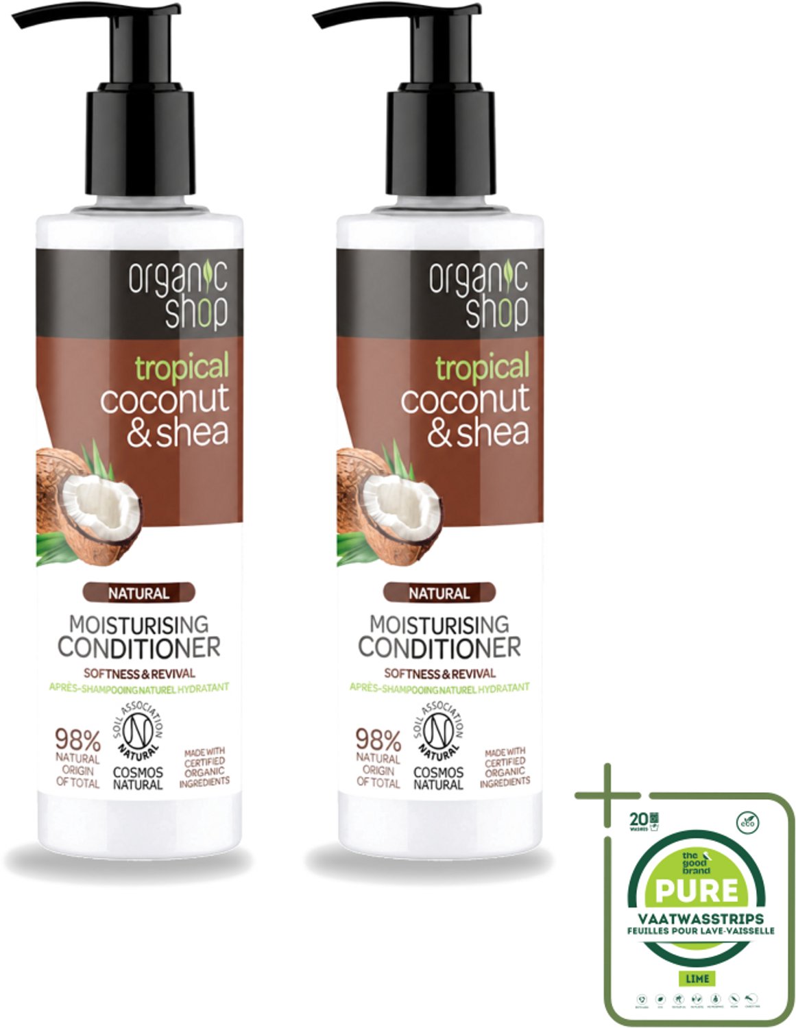 2 x Organic Shop - Coconut & Shea Conditioner - Verzorgend en Voedend - 280 ml - Grootverpakking - Vaatwasstrips - Haarverzorging - Natuurlijke Conditioner - Kokosolie - Shea - Hydratatie