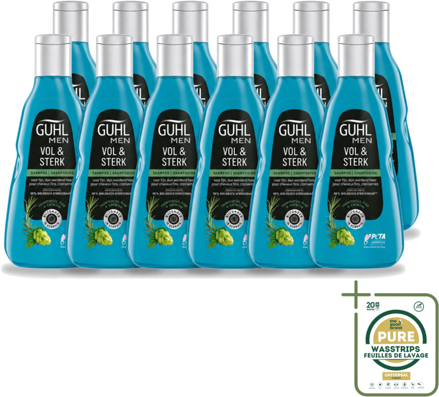 12 x Guhl - Shampoo - Men Vol & Sterk - 250 ml - Wasstrips - Mannen Haar - Krachtig Haar - Volume Haar - Sterk Haar - Fijn Haar