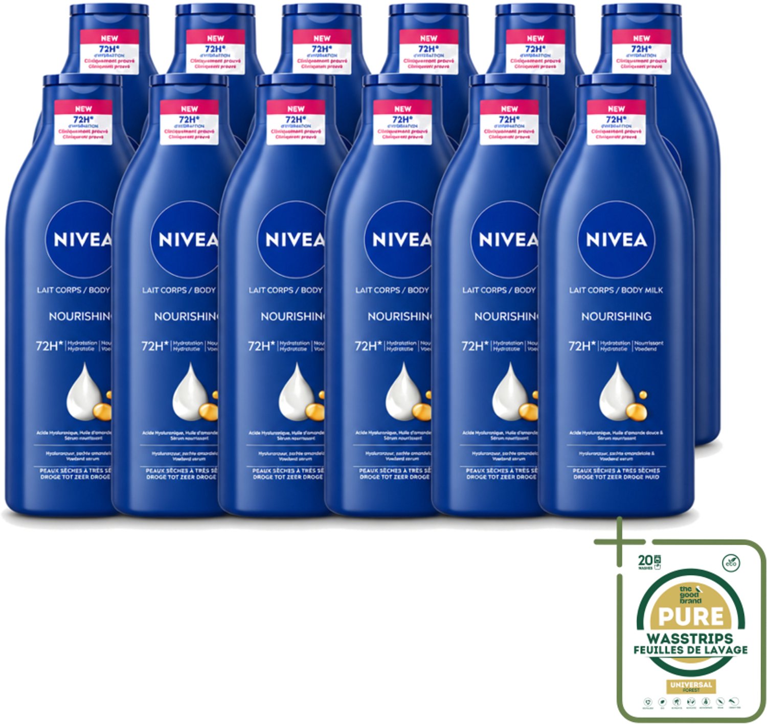 12 x Nivea - Body Milk - 72u Hydratatie - Droge tot Zeer Droge Huid - 400 ml - Wasstrips - Hydratatie - Droge Huid - Body Milk - Huidverzorging - Hyaluronzuur