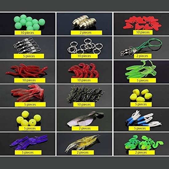 Kunstaas-set – inclusief softbaits, minnows, poppers en twee kikkerimitaties; een collectie van 141 stuks kunstaas, compleet met een draagbare opbergdoos. — afbeelding 2